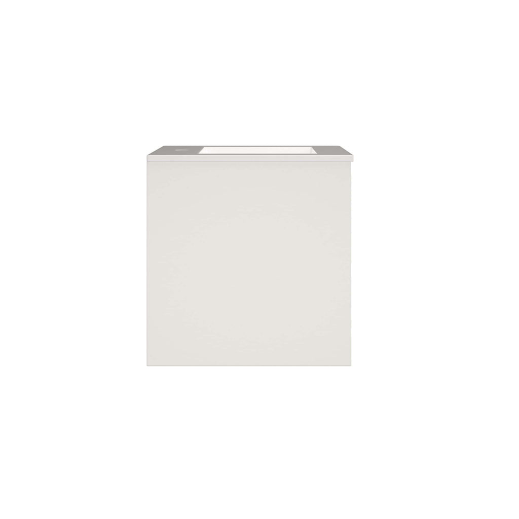 White vanity bathroom sink unit with a modern minimalist design. Perfect for contemporary bathrooms looking for sleek and functional storage. Durable materials and easy to clean.