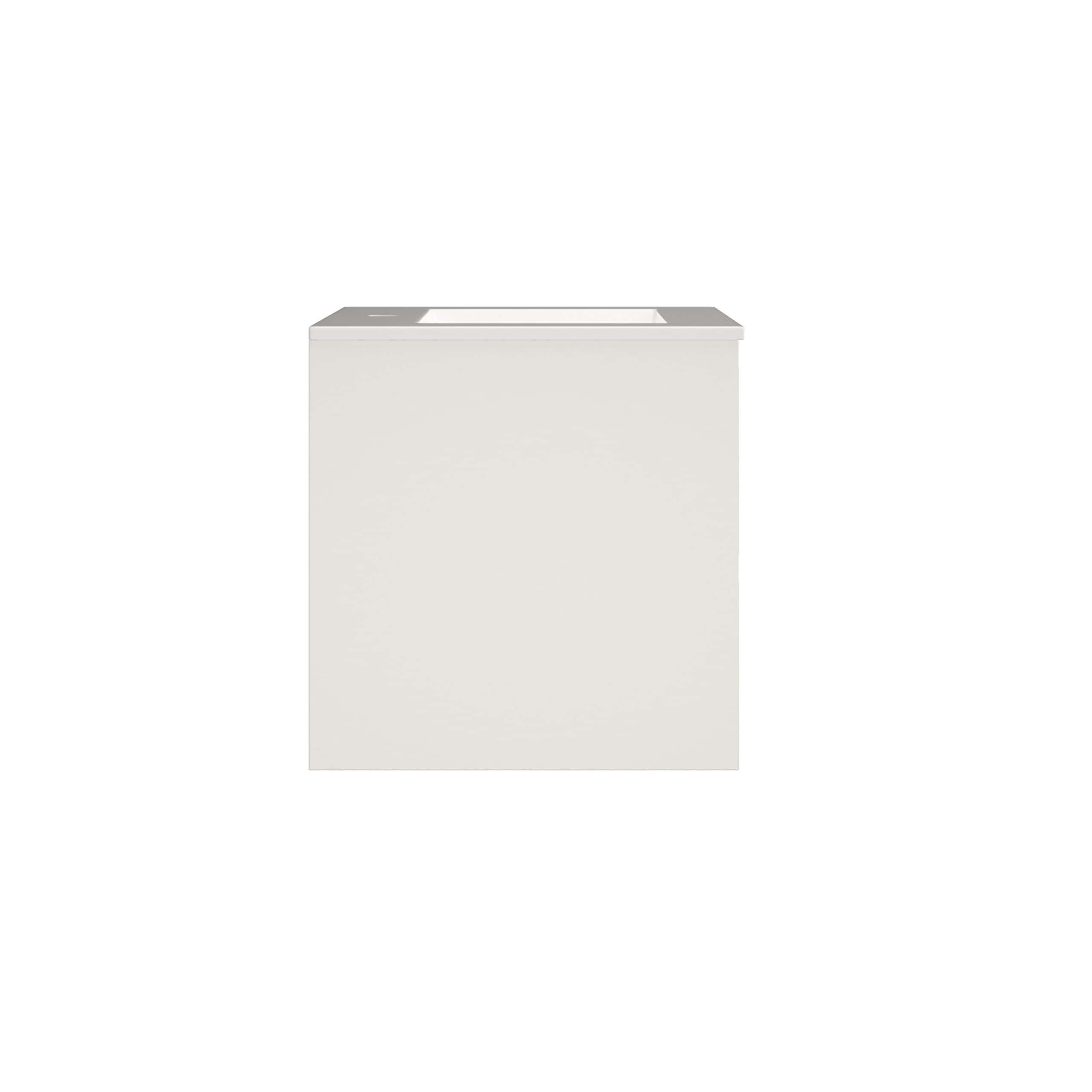 White vanity bathroom sink unit with a modern minimalist design. Perfect for contemporary bathrooms looking for sleek and functional storage. Durable materials and easy to clean.