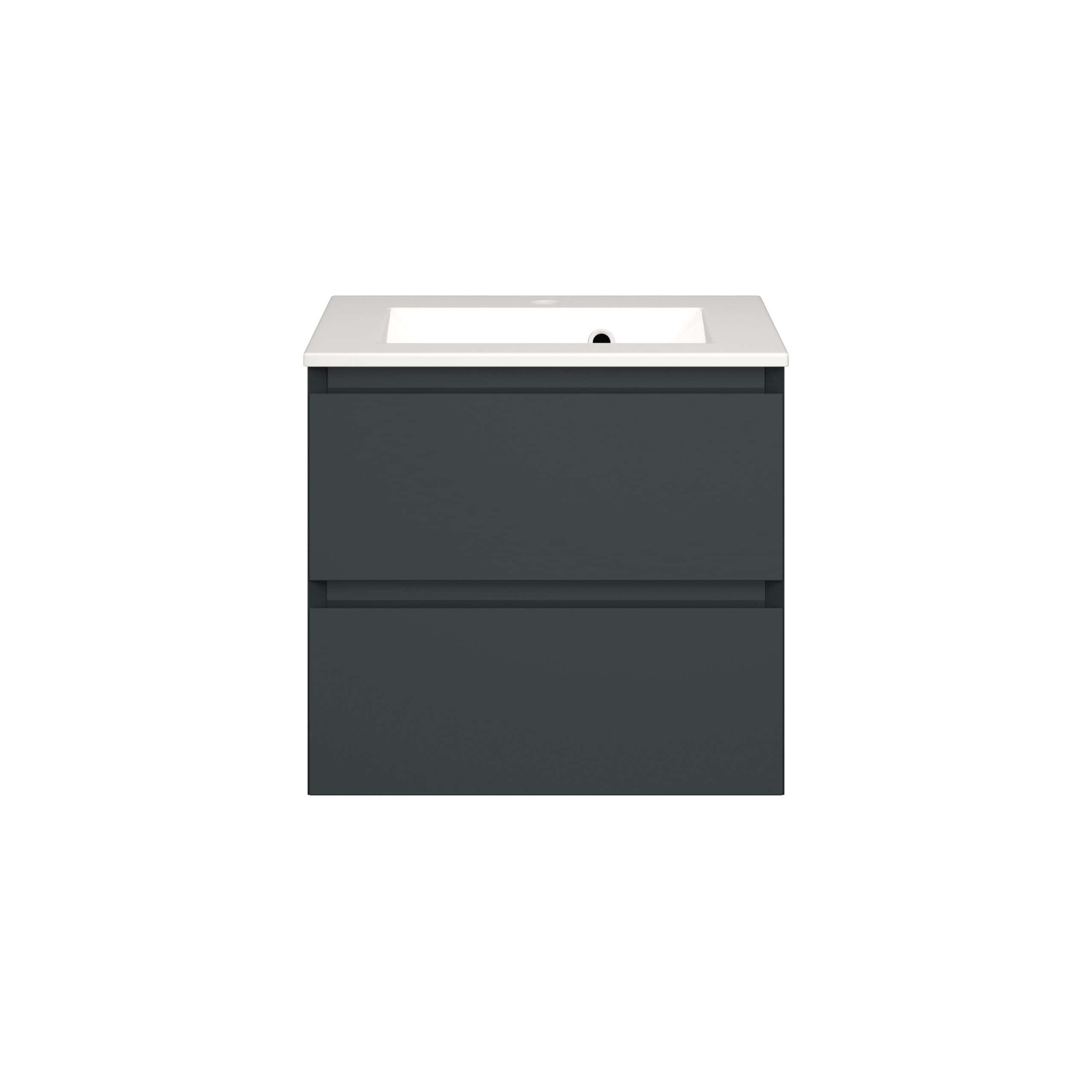 Sleek modern bathroom vanity with integrated sink, grey finish, minimalistic design, and ample storage drawers, perfect for contemporary bathroom decor.