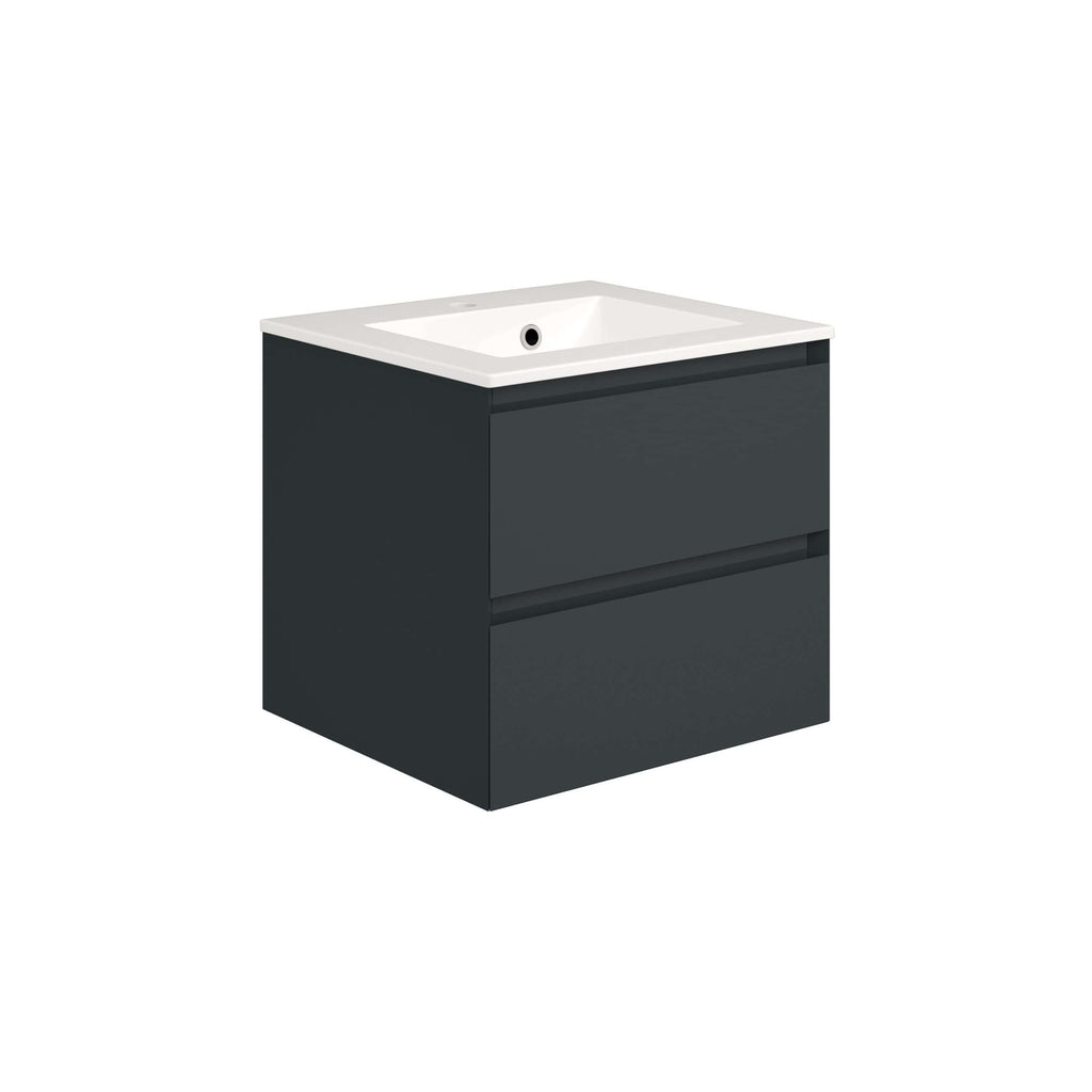 Sleek dark grey bathroom vanity with integrated top-mounted sink, modern minimalist design, suitable for contemporary bathroom interiors.