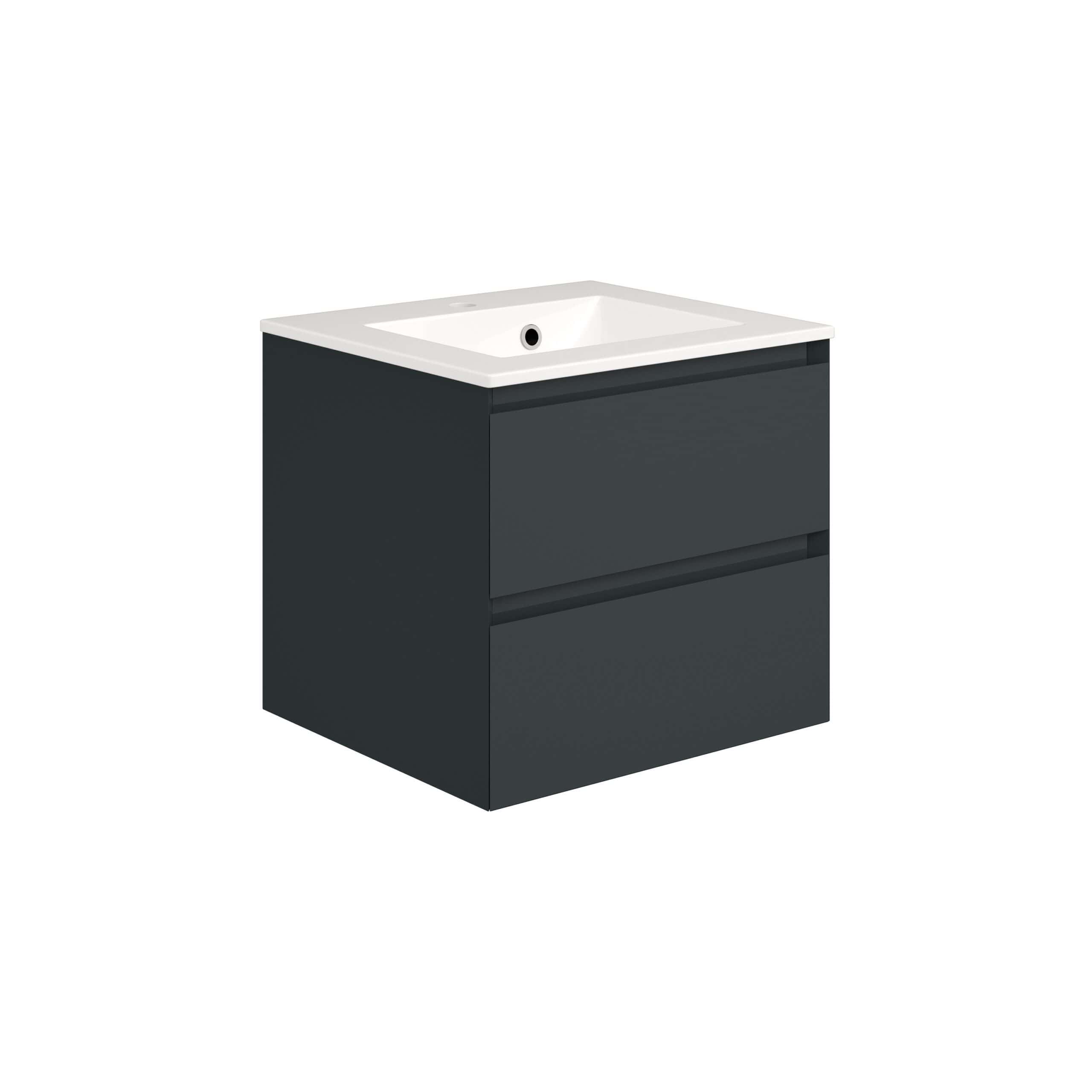 Sleek dark grey bathroom vanity with integrated top-mounted sink, modern minimalist design, suitable for contemporary bathroom interiors.