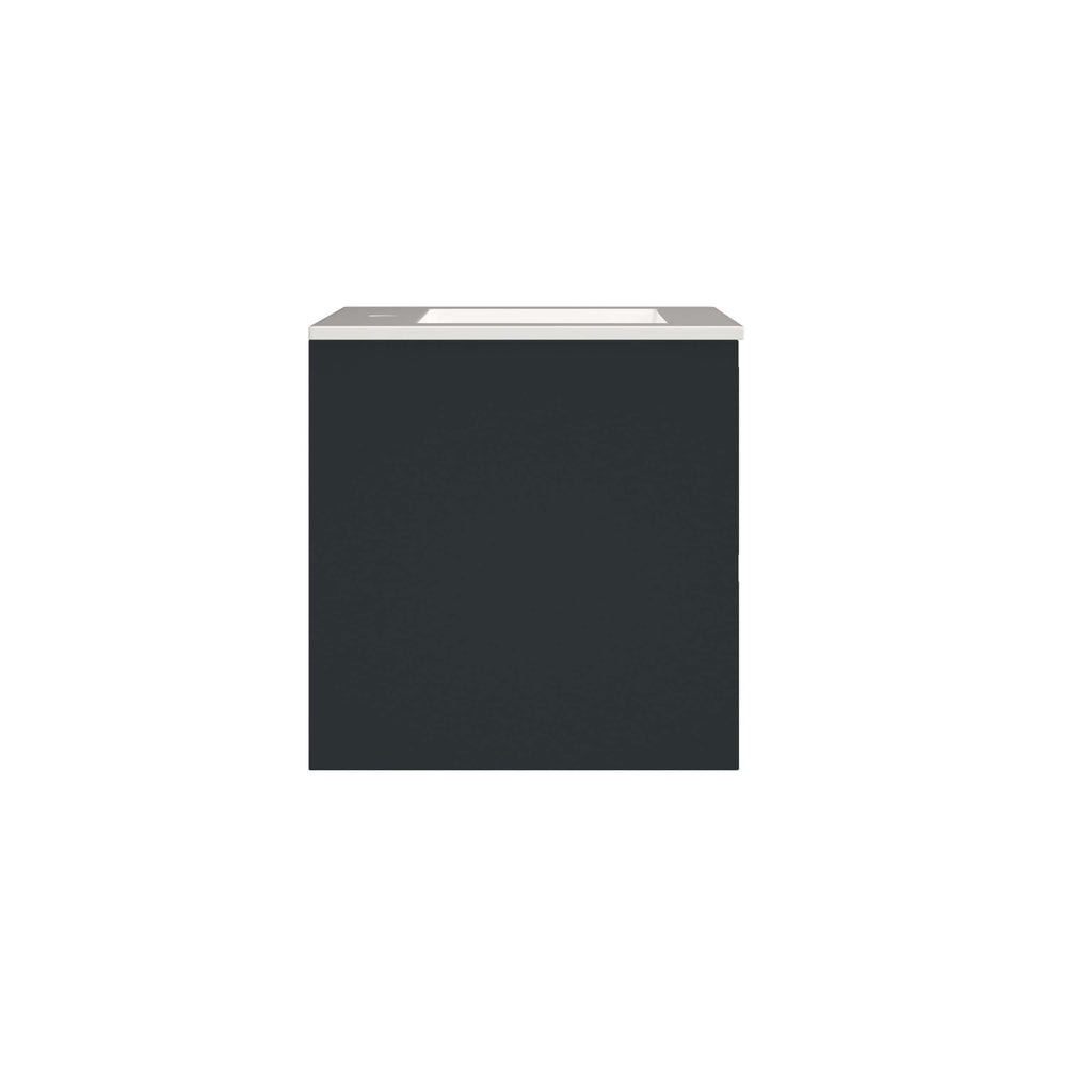 Modern black bathroom vanity with integrated sink, sleek design and durable finish for contemporary bathrooms. Perfect for stylish bathroom storage and organisation.