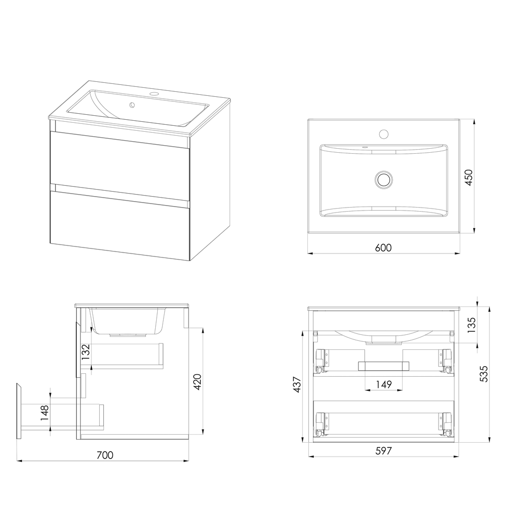 Sleek modern bathroom vanity with integrated sink and storage, perfect for contemporary bathroom design, dimensions 600x450mm, white finish, designed for optimal space utilisation and style.