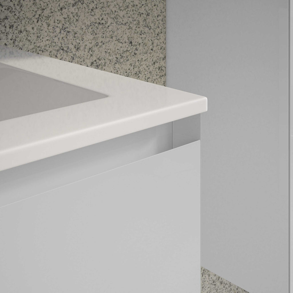 Sleek white bathroom vanity unit with integrated handle design and modern style, perfect for contemporary bathrooms.