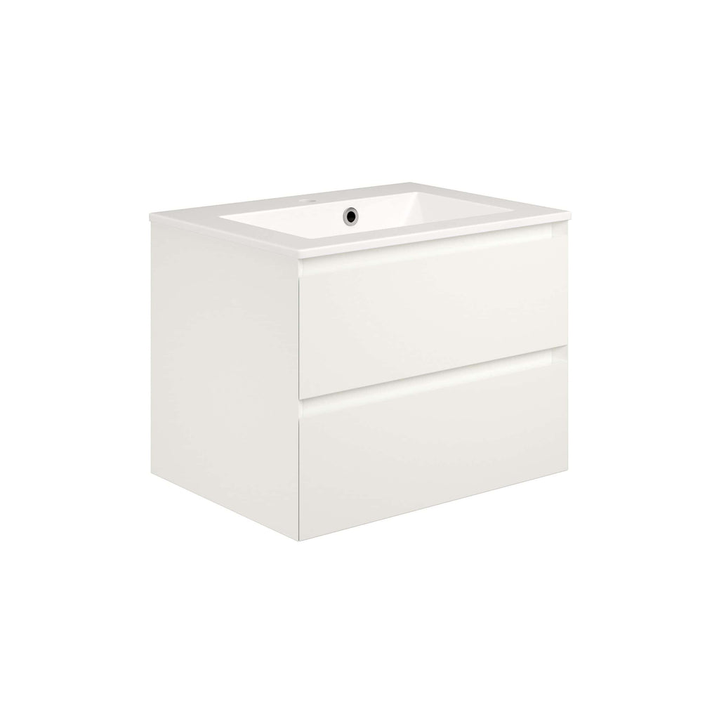Minimalist white bathroom vanity with integrated sink and dual storage drawers, ideal for modern bathroom designs. Perfect for creating a sleek, clutter-free space.
