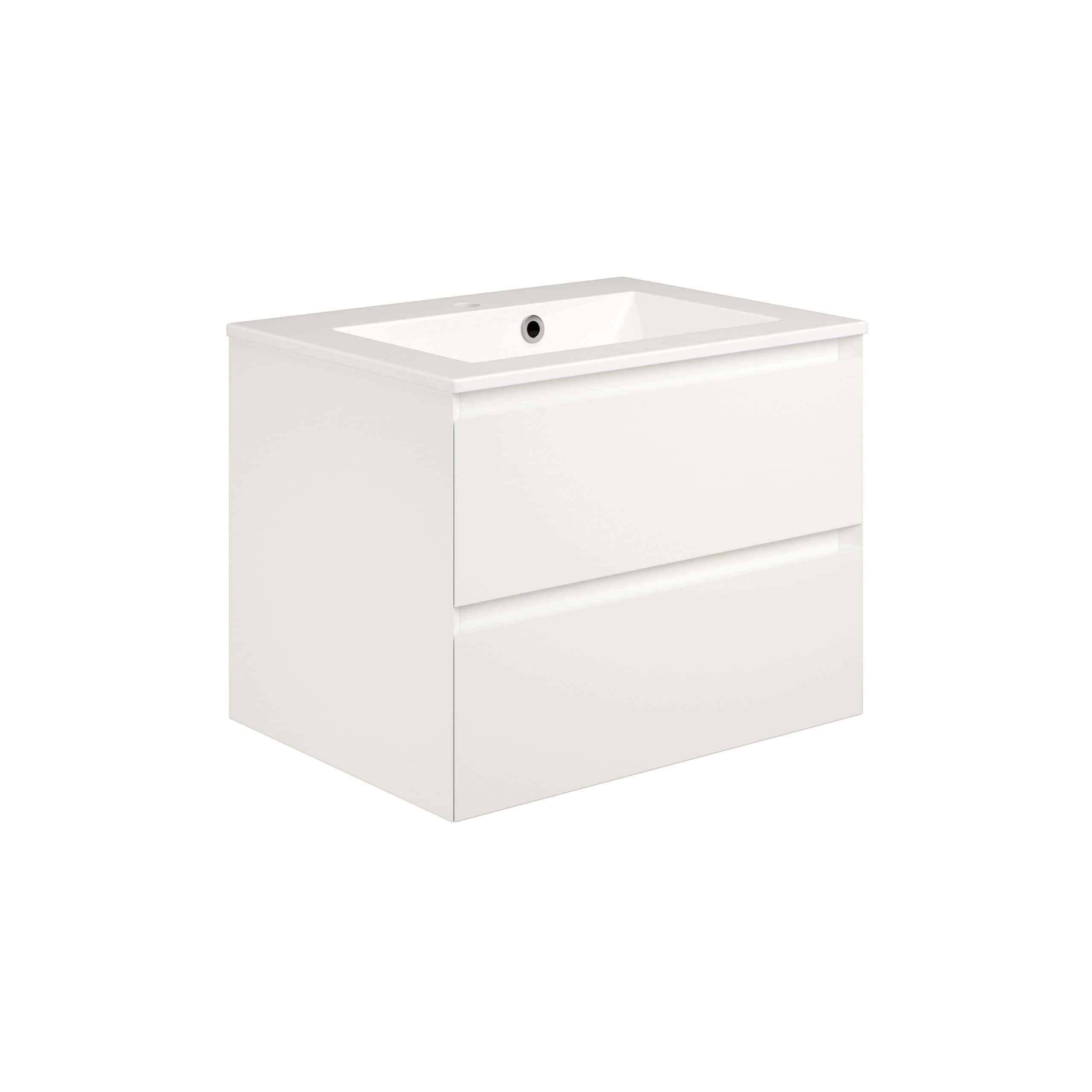 Minimalist white bathroom vanity with integrated sink and dual storage drawers, ideal for modern bathroom designs. Perfect for creating a sleek, clutter-free space.