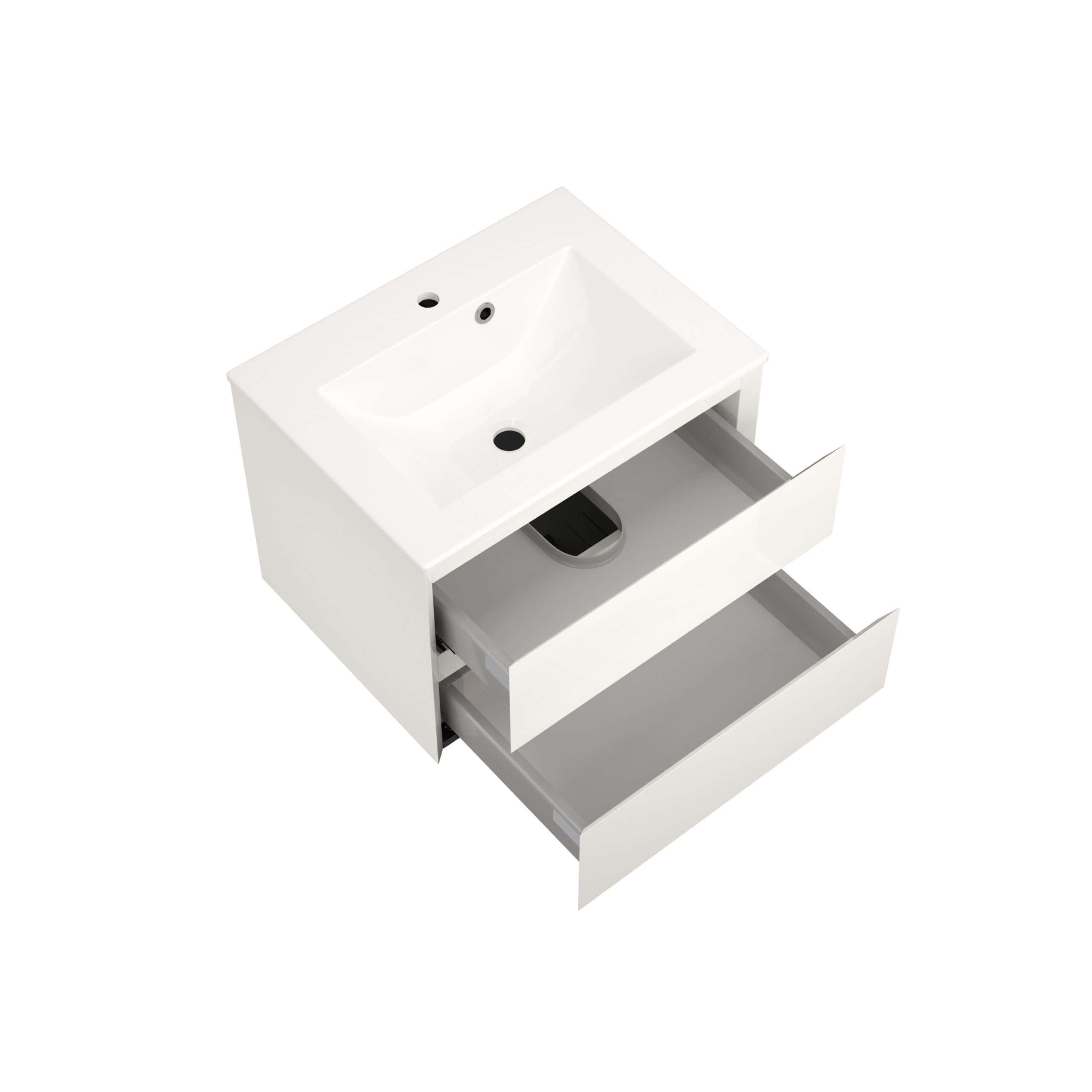 Sleek white bathroom vanity with integrated sink and open drawers, perfect for modern bathroom storage and design.