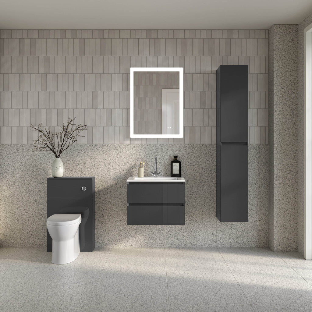 Modern grey bathroom with sleek vanity, illuminated mirror, and stylish storage cabinet, featuring minimalist design and eco-friendly fixtures, perfect for contemporary bathroom interiors.