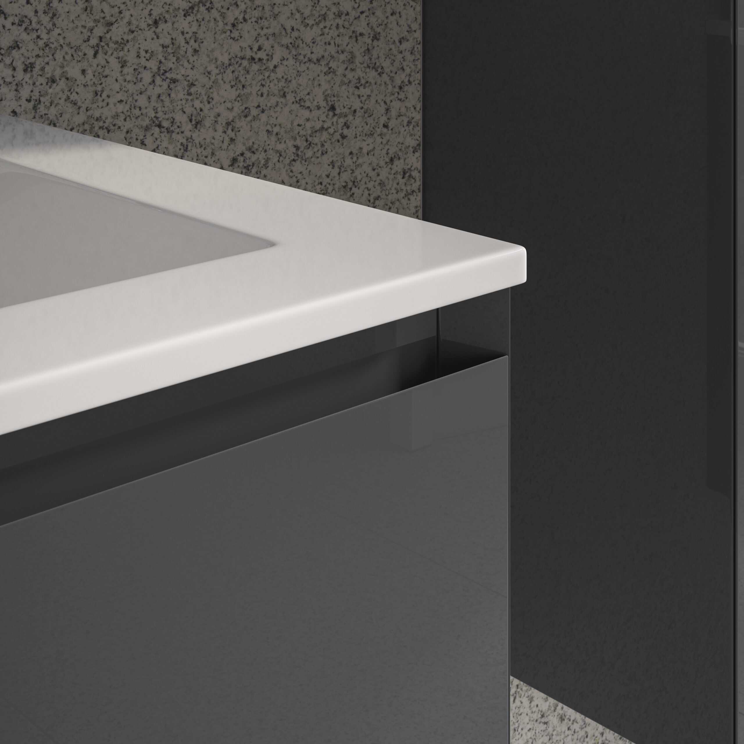 Sleek modern bathroom vanity with a white marble countertop and dark grey cabinetry, perfect for contemporary bathroom designs.