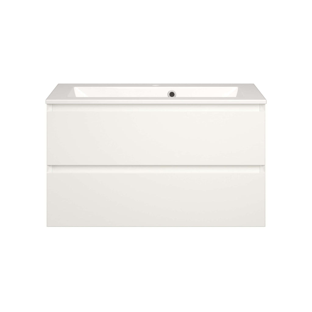 Minimalist white bathroom vanity with integrated sink and two spacious drawers for modern bathroom storage solutions.