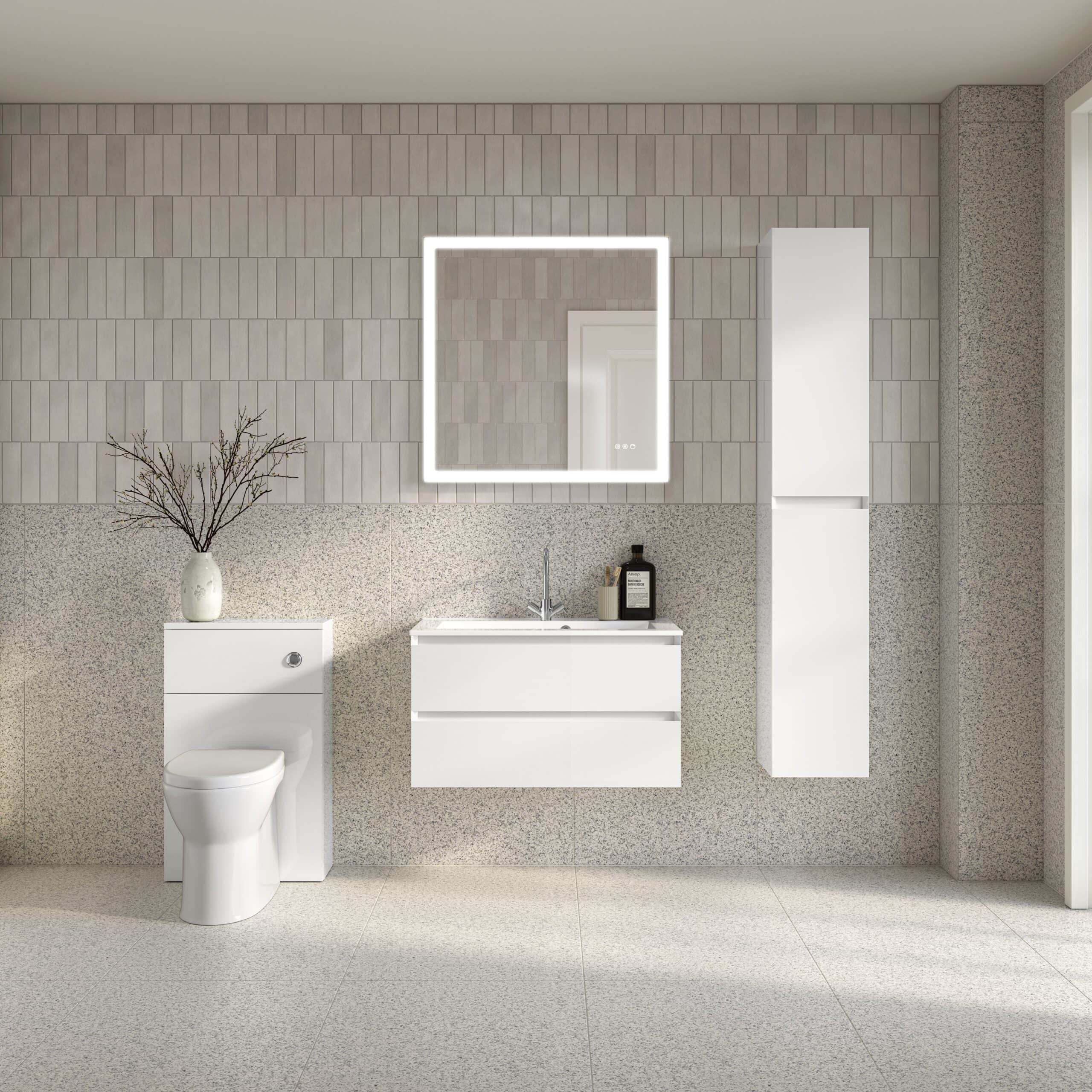 Sleek modern bathroom with minimalist white vanity, illuminated mirror, and contemporary cabinetry, creating a clean and stylish space for bathroom decor and functionality.