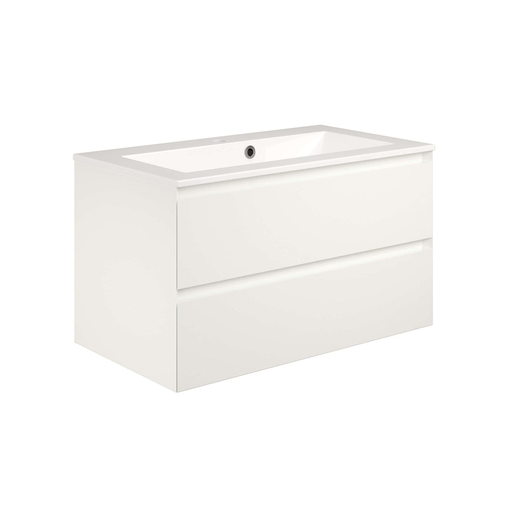 Sleek white bathroom vanity unit with integrated sink and two spacious drawers, perfect for modern bathroom storage and style. Designed for practicality and contemporary aesthetics.