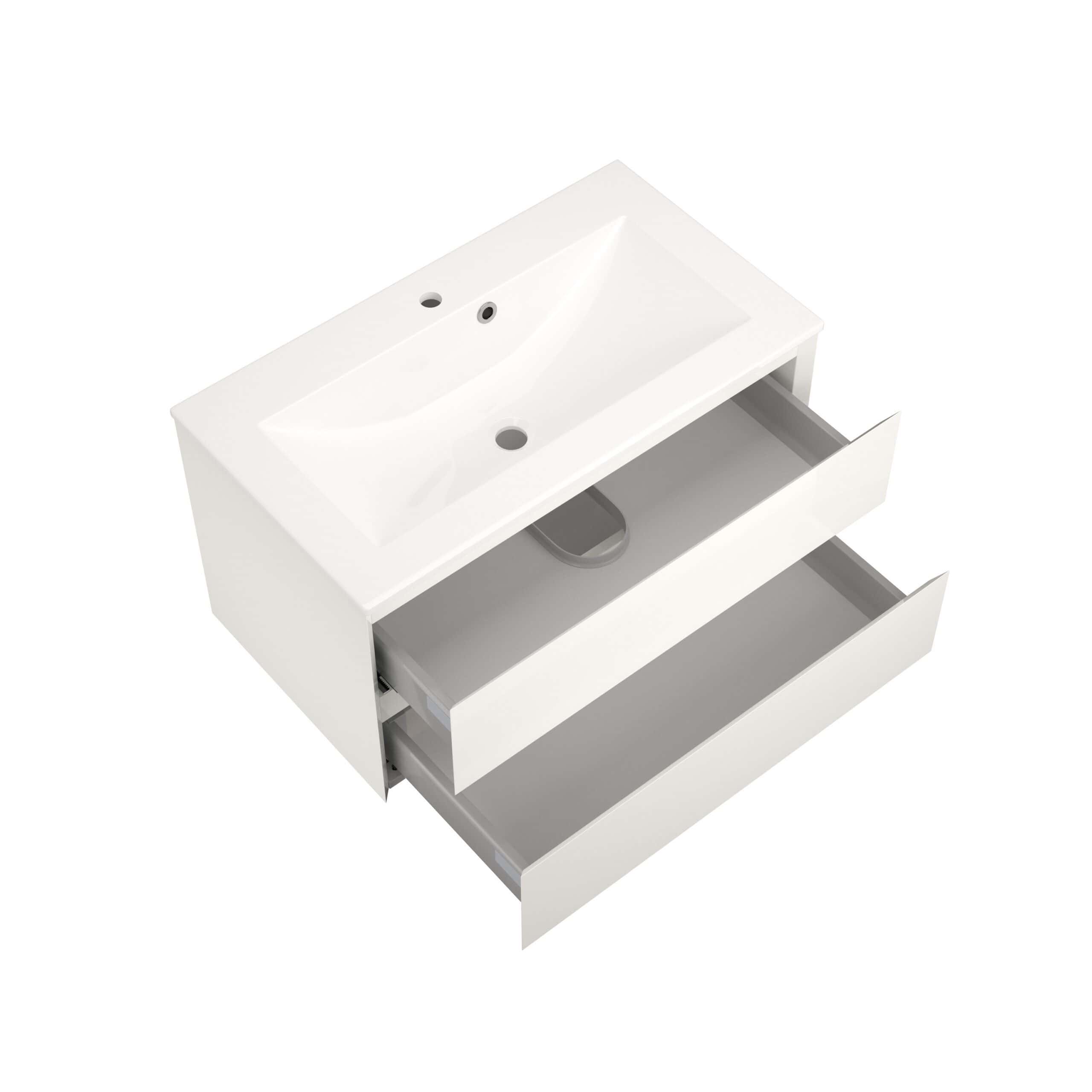 Minimalist white bathroom vanity unit with integrated sink, two open storage drawers, stylish and functional design, perfect for contemporary bathroom decor, from Bubly Bathrooms.