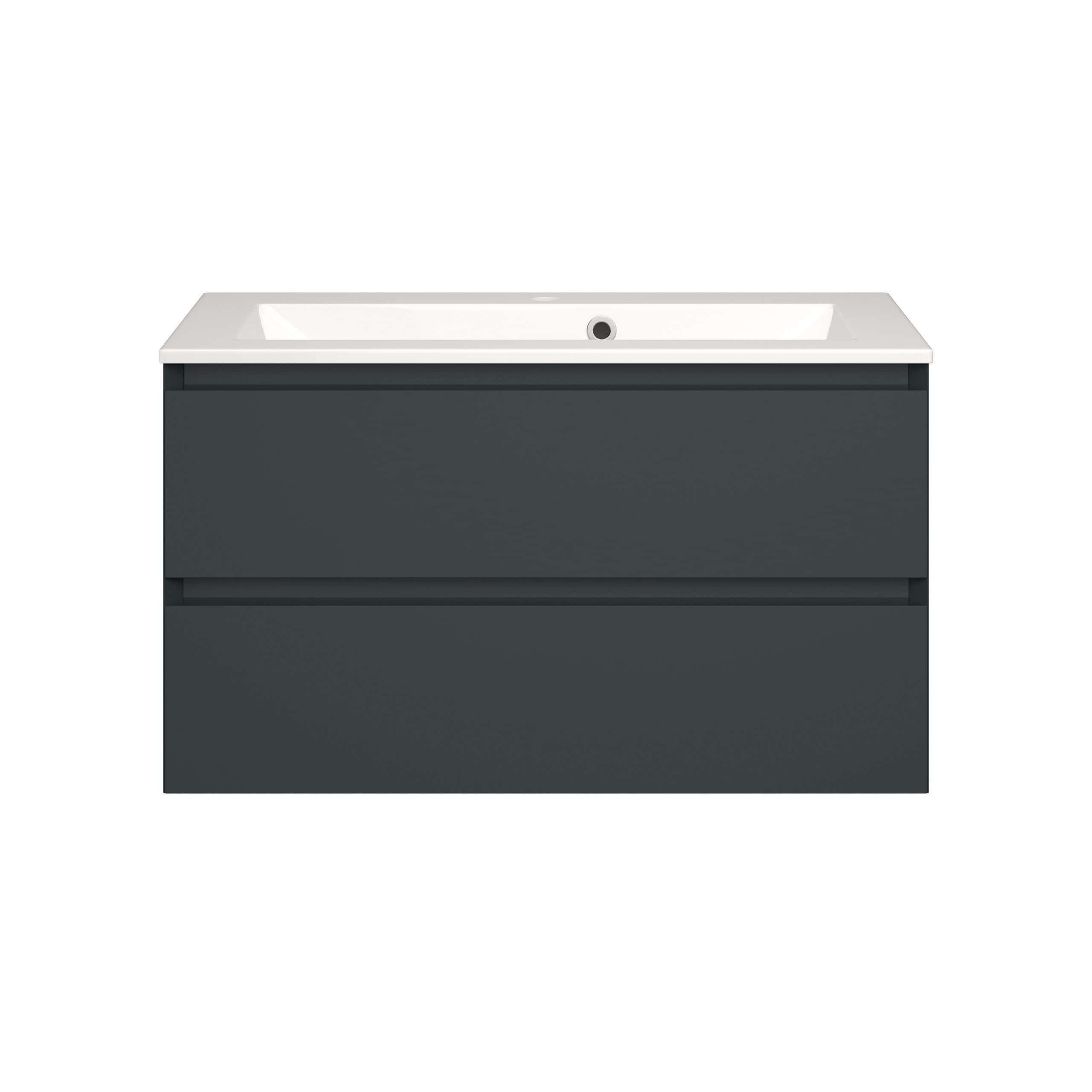 Sleek modern bathroom vanity with integrated basin, dark grey finish, minimalist design, storage drawers, ideal for contemporary bathrooms, durable and stylish.