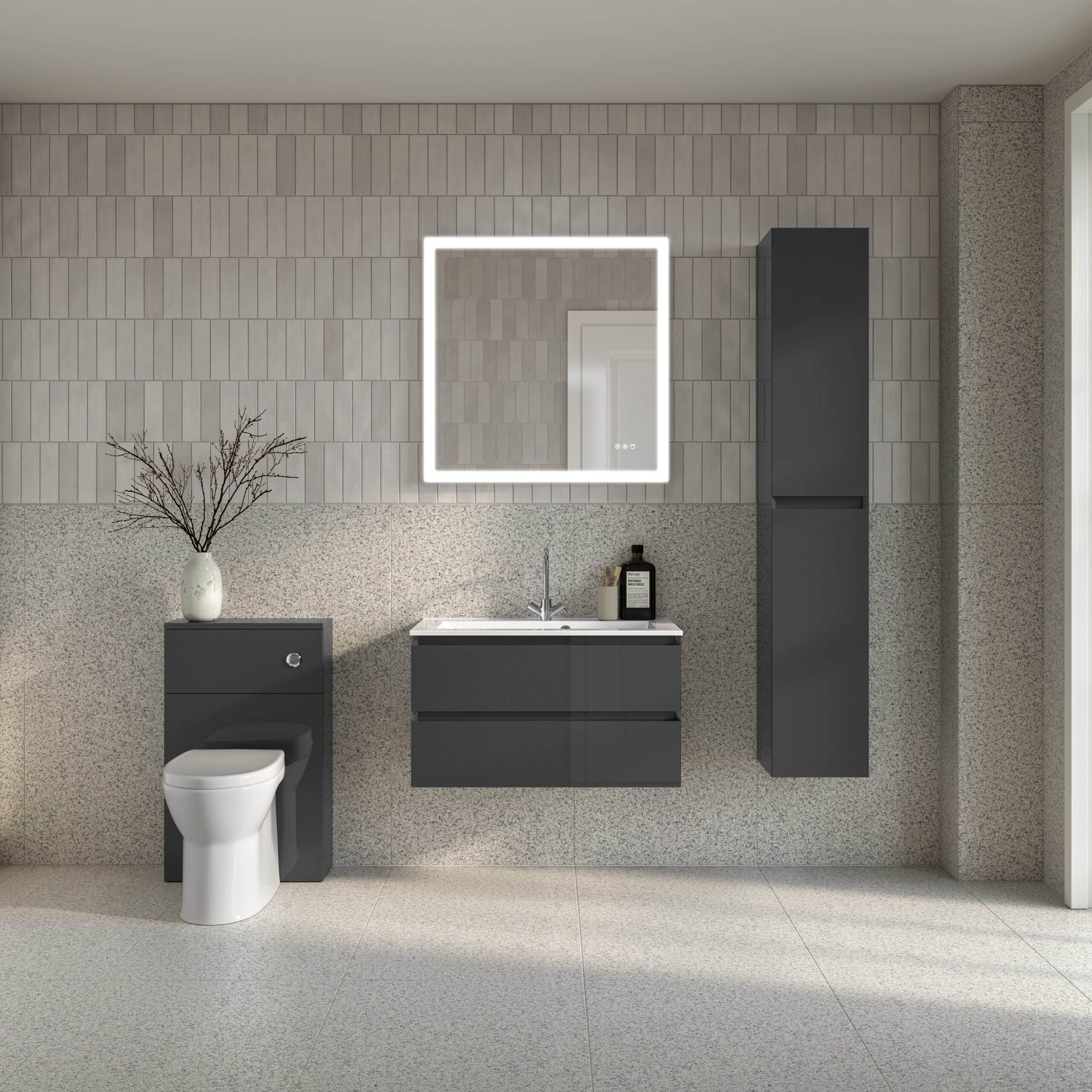 Sleek modern bathroom with grey cabinetry, illuminated mirror, and contemporary fixtures, demonstrating stylish bathroom design ideas for contemporary spaces.