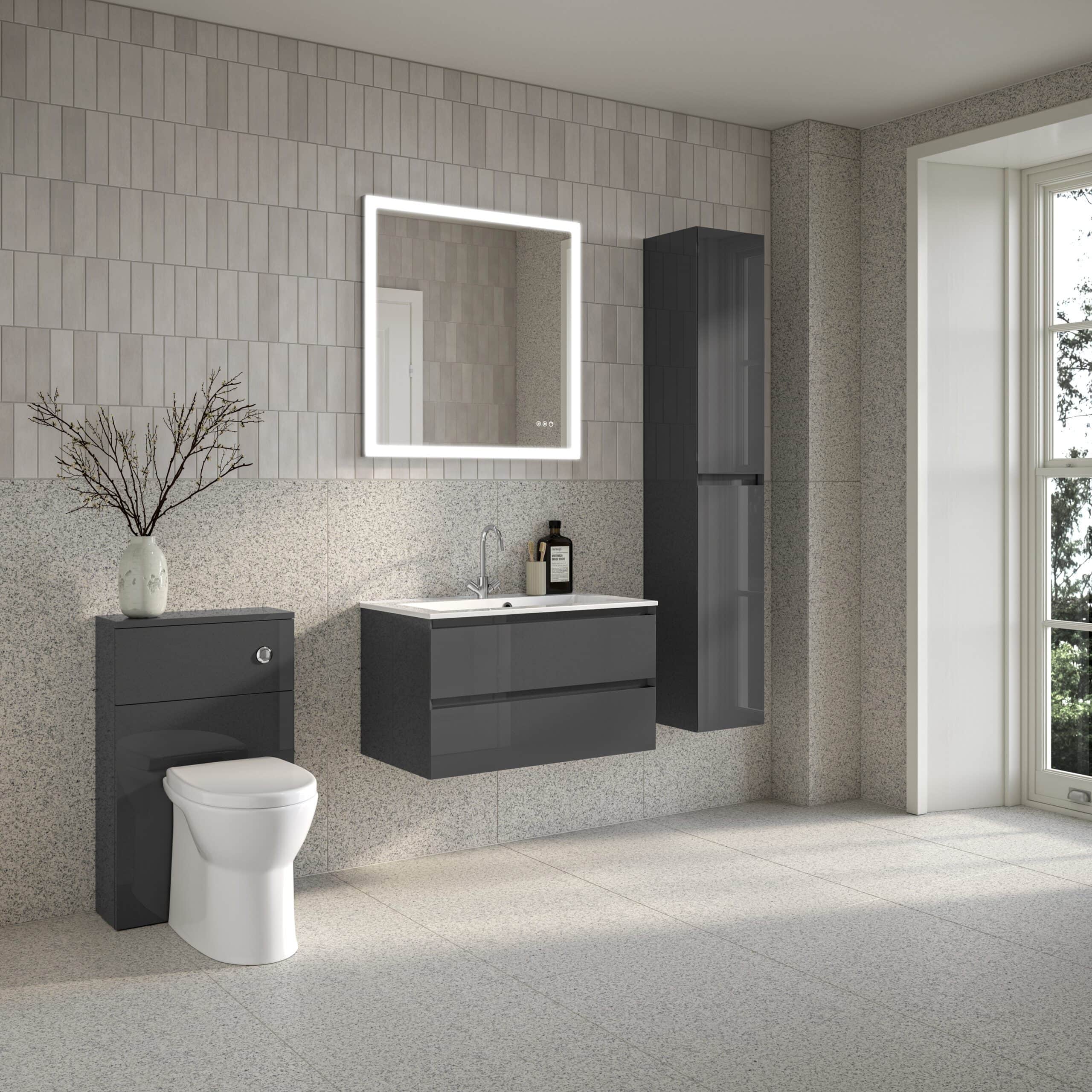 Modern grey bathroom with floating vanity, illuminated mirror, and stylish decor, showcasing contemporary bathroom design by Bubly Bathrooms.