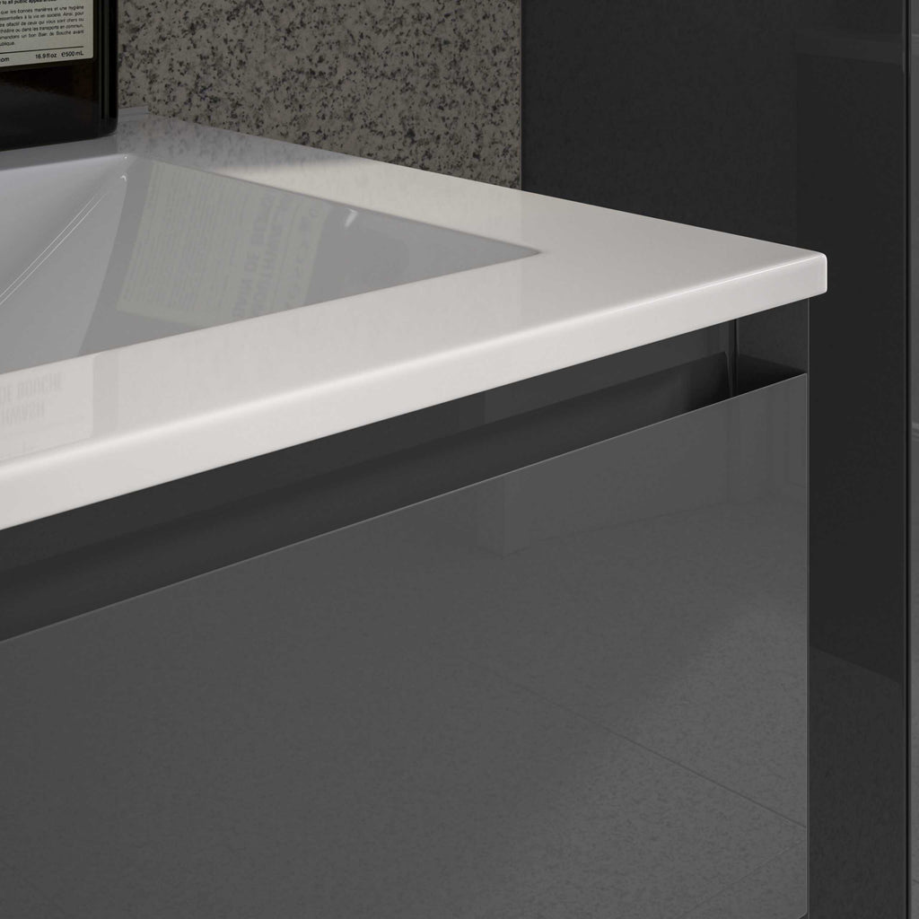 Chrome effect white bathroom countertop with integrated sink, modern design, sleek and minimalistic style, perfect for contemporary bathrooms.
