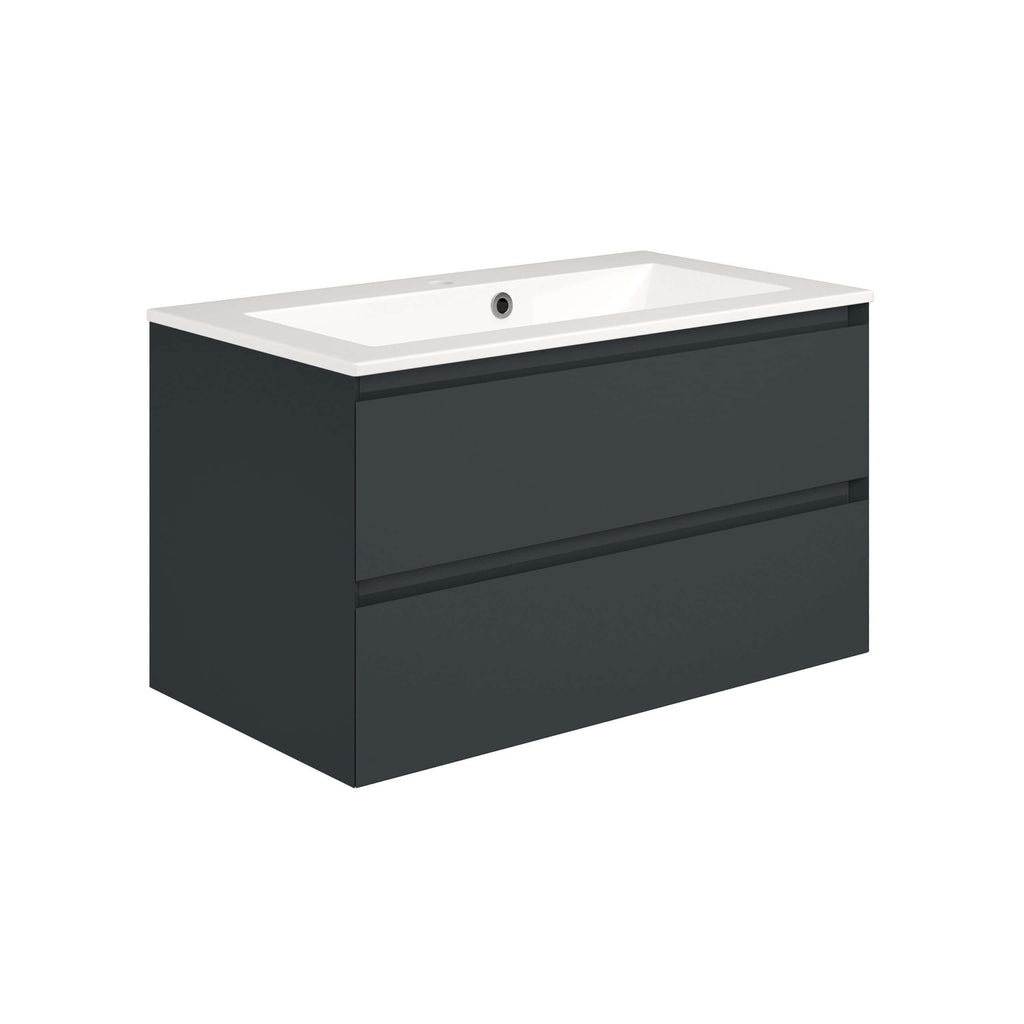 Sleek modern bathroom vanity unit with integrated sink, dark grey finish, and two spacious drawers for ample storage, perfect for contemporary bathroom designs.