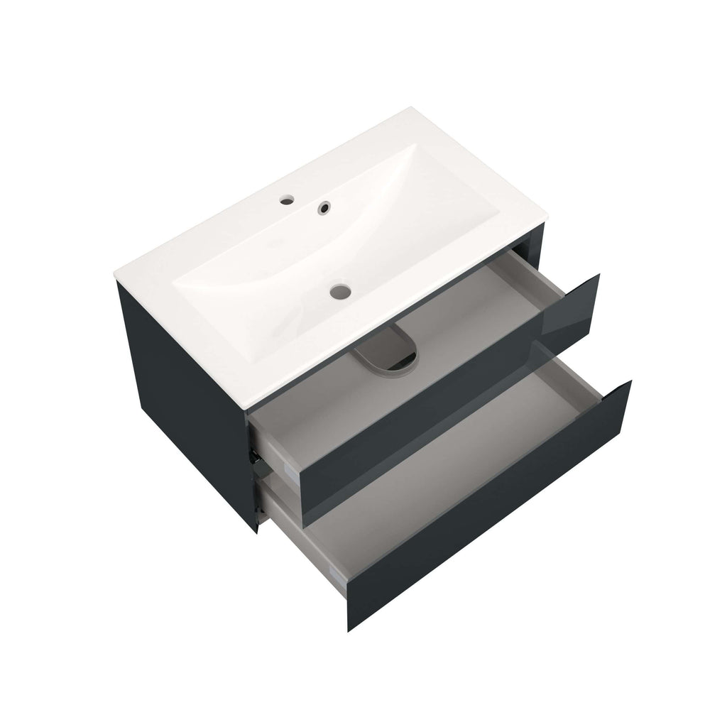 Modern bathroom vanity unit with integrated sink, sleek black drawers, and ample storage space, perfect for contemporary bathroom renovation projects. Suitable for stylish and functional bathroom design in the UK.