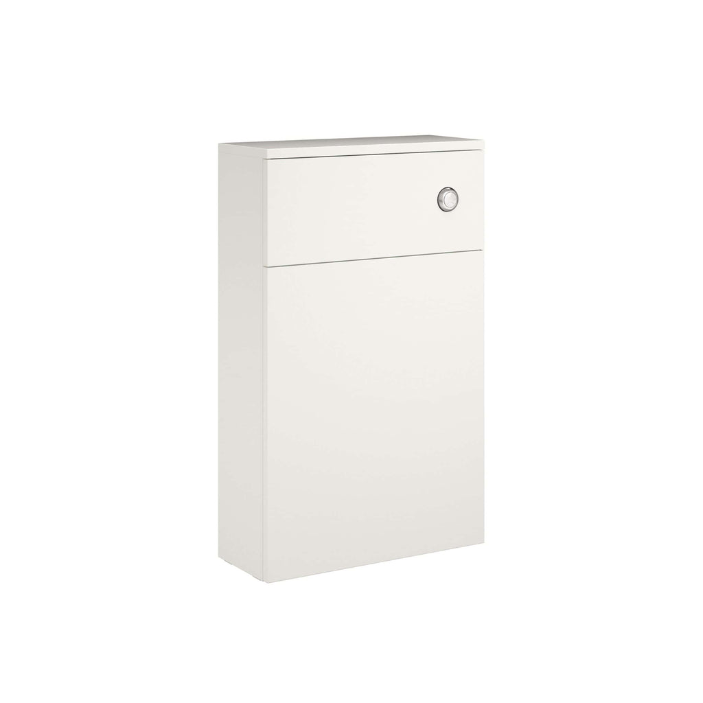 White bathroom storage cabinet with a sleek, modern design and a hidden magnetic door for optimal space efficiency. Perfect for bathroom organisation and accessories.