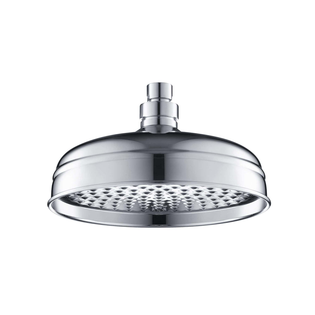 Polished chrome shower head with adjustable spray settings, modern bathroom fixture, ideal for contemporary bathrooms.
