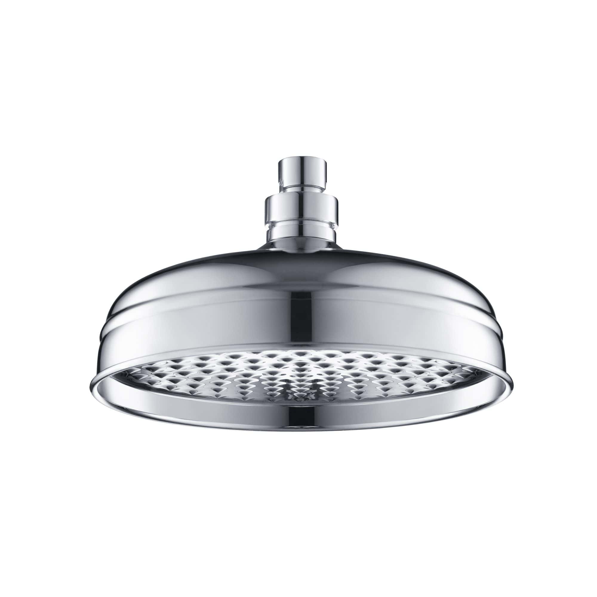 Polished chrome shower head with adjustable spray settings, modern bathroom fixture, ideal for contemporary bathrooms.