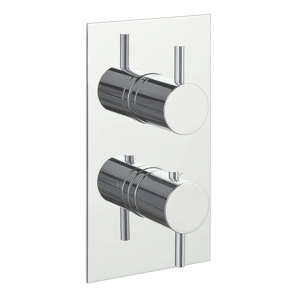 Highly polished chrome shower thermostatic mixer valve with two control dials on a white background, designed for modern bathroom installations.