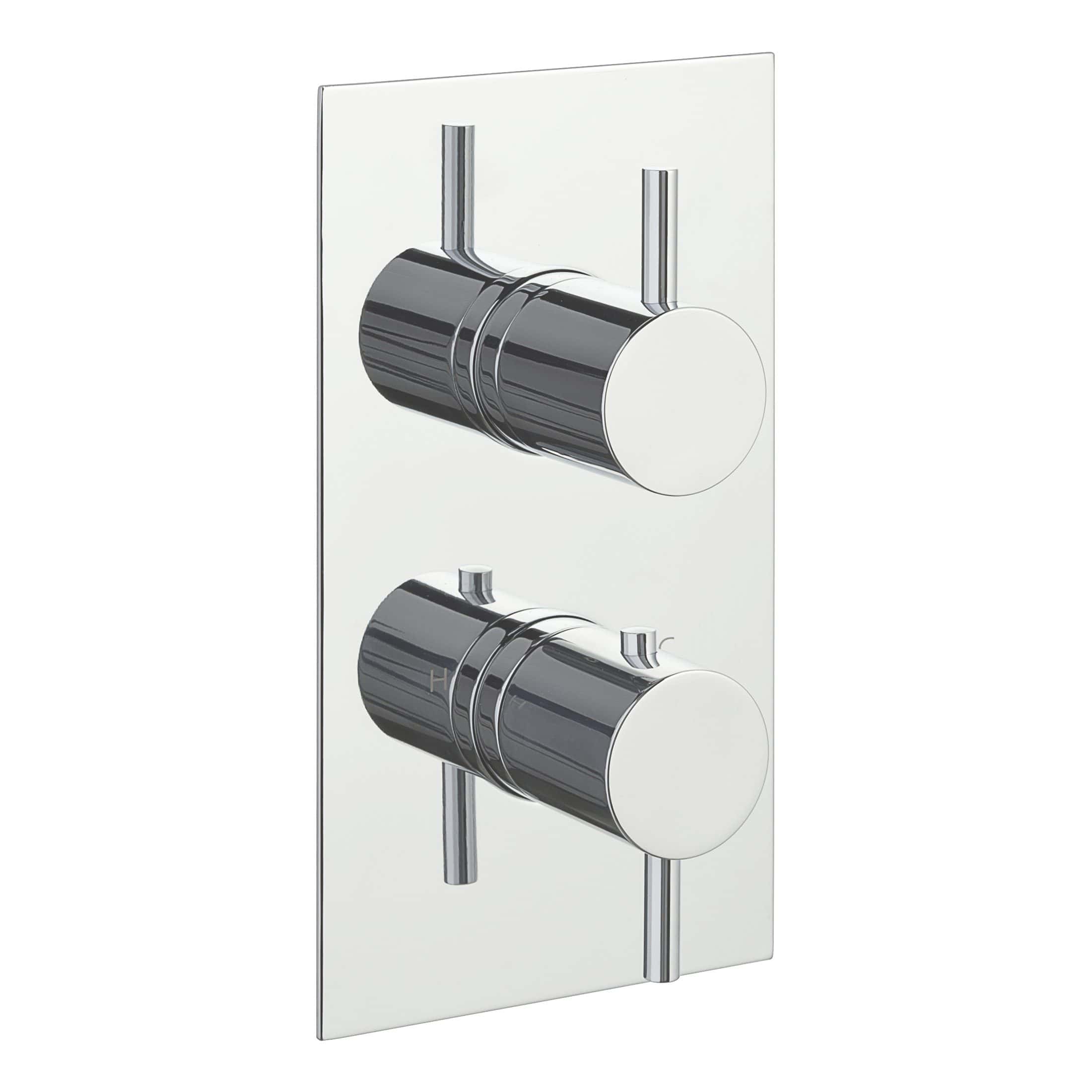 Highly polished chrome shower thermostatic mixer valve with two control dials on a white background, designed for modern bathroom installations.