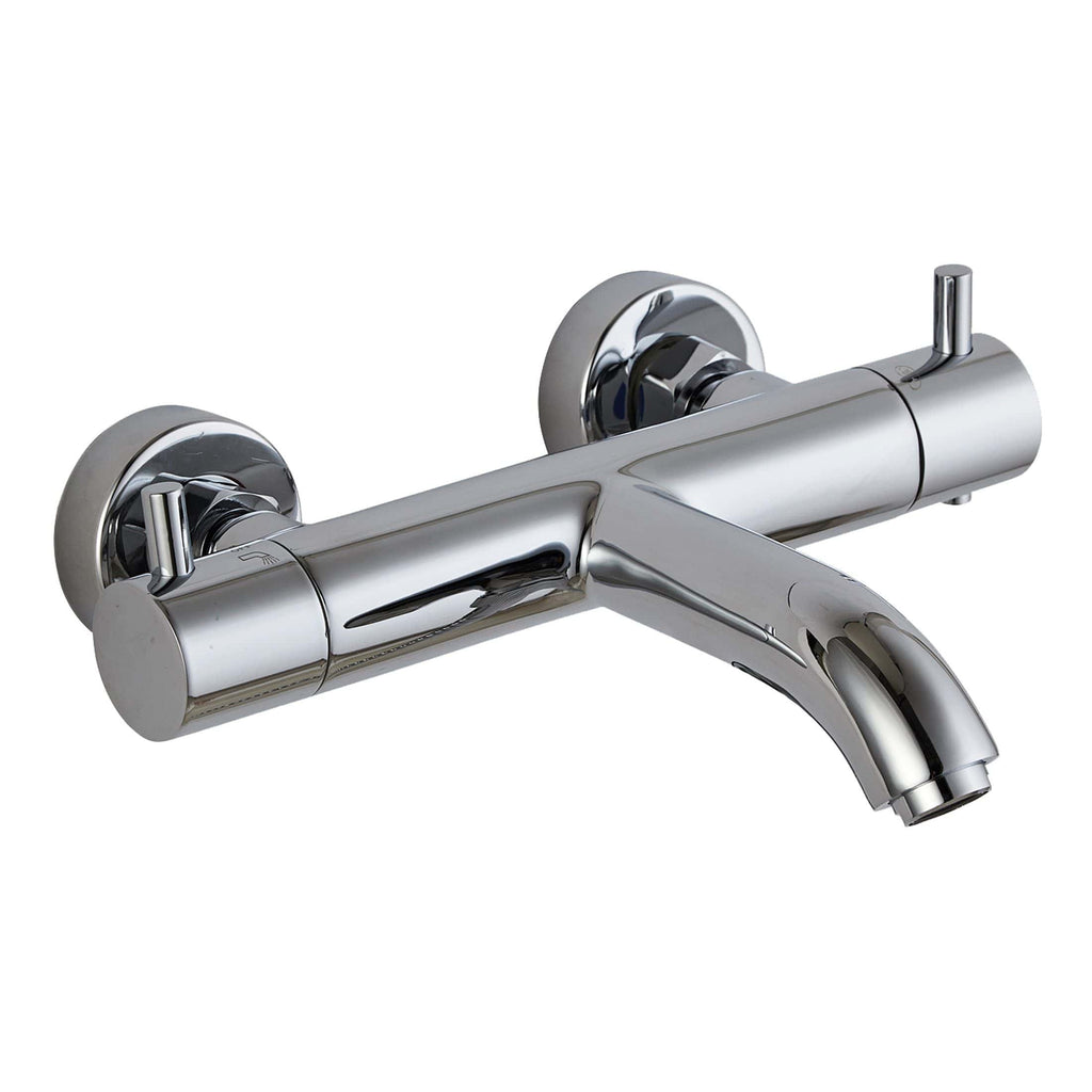 Sleek modern chrome bathroom sink mixer tap with dual levers, wall-mounted design, suitable for contemporary bathroom styles and easy water control. Perfect for stylish kitchen or bathroom renovation.
