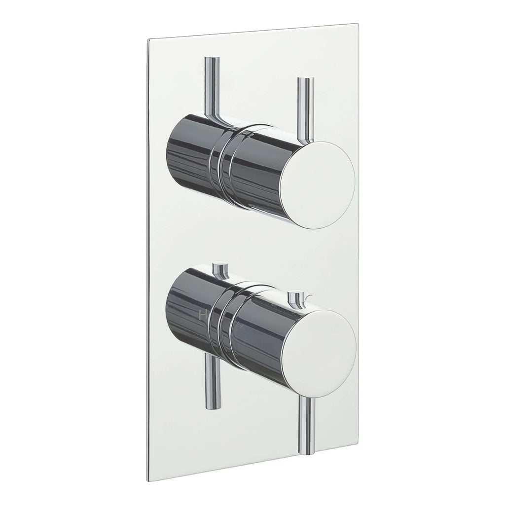 Sleek chrome thermostatic shower control panel with dual control knobs for precise temperature and flow regulation, designed for modern bathroom bathrooms.
