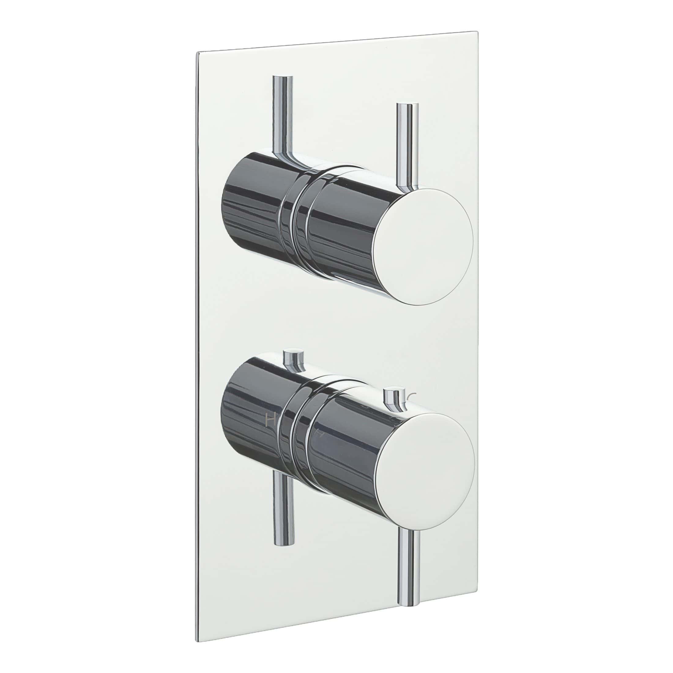 Sleek chrome thermostatic shower control panel with dual control knobs for precise temperature and flow regulation, designed for modern bathroom bathrooms.