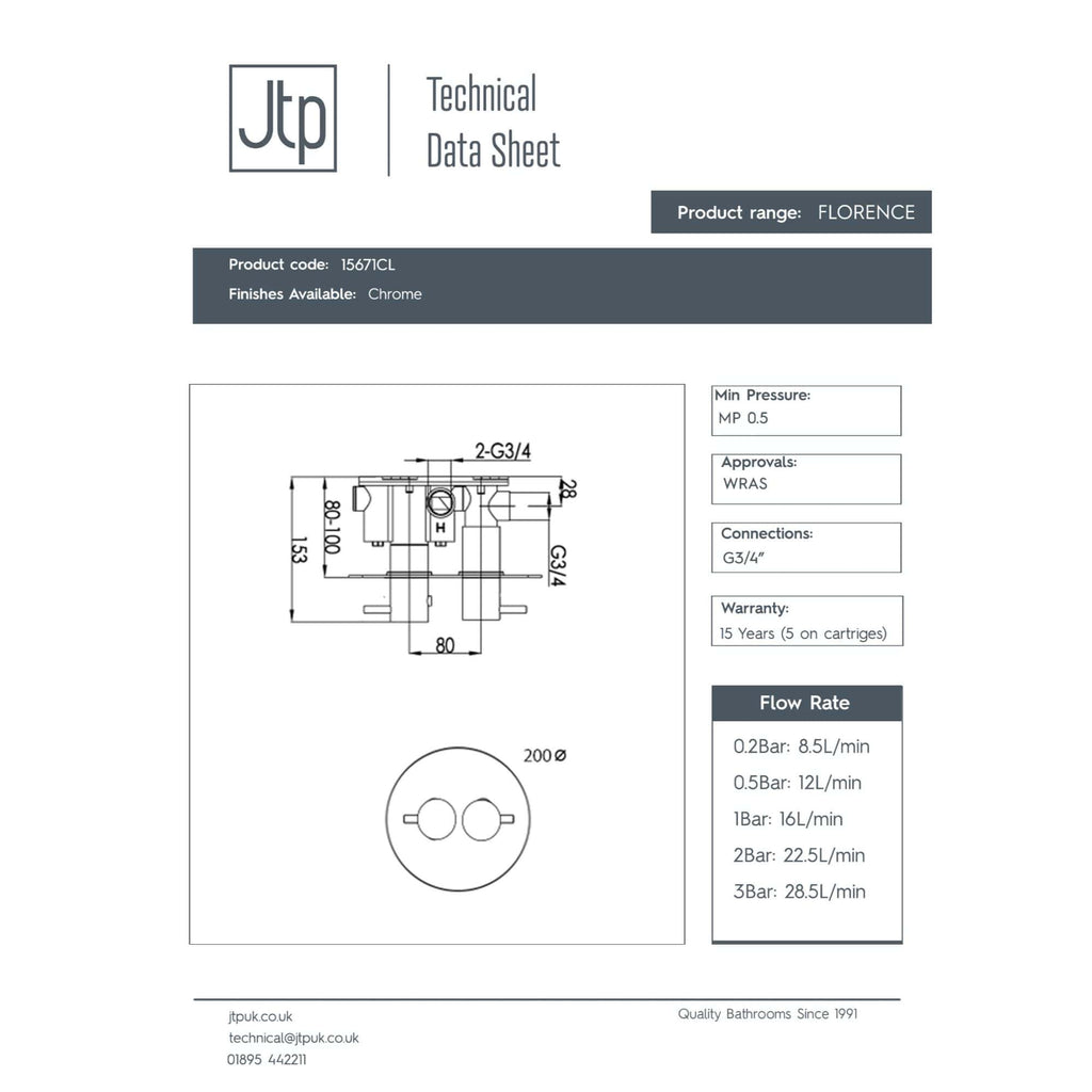 Chrome bathroom tap with technical specifications and installation diagram for Bubly Bathrooms.