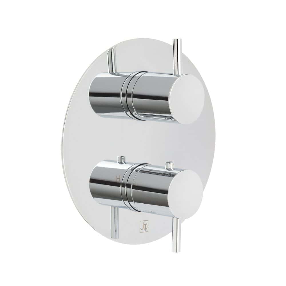 Sleek chrome shower control valve with dual dials for precise temperature and water flow adjustment, ideal for modern bathroom upgrades.
