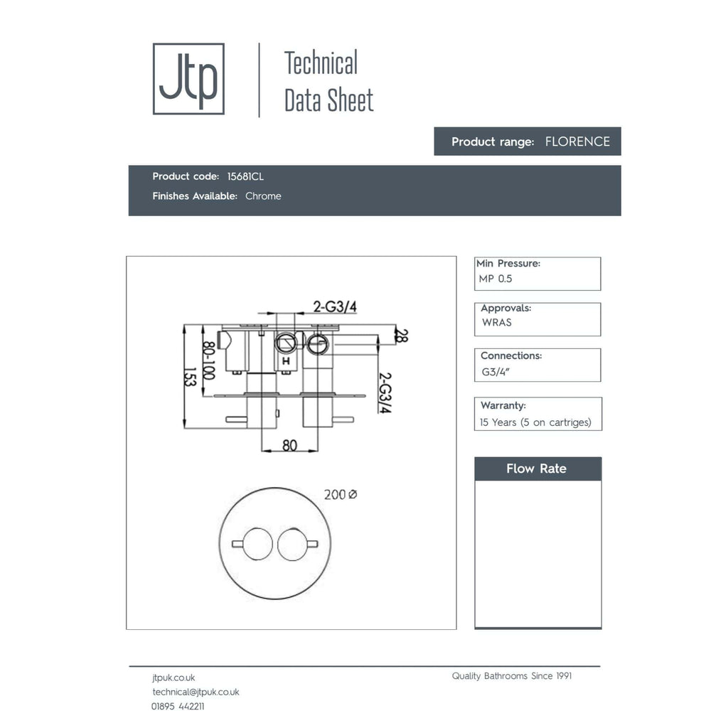 High-quality technical image of the Bubly Bathrooms Florence bathroom fitting, with detailed measurements and specifications for plumbing installation, featuring a chrome finish.