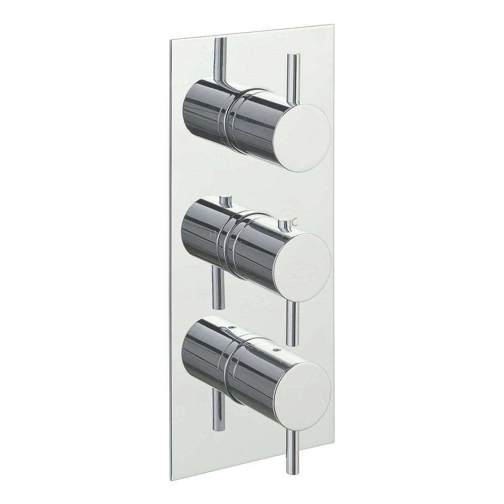 Shower valve with three chrome controls for precise temperature and flow adjustment, designed for modern bathrooms. Suitable for Bubly bathroom installations, combining style and functionality.