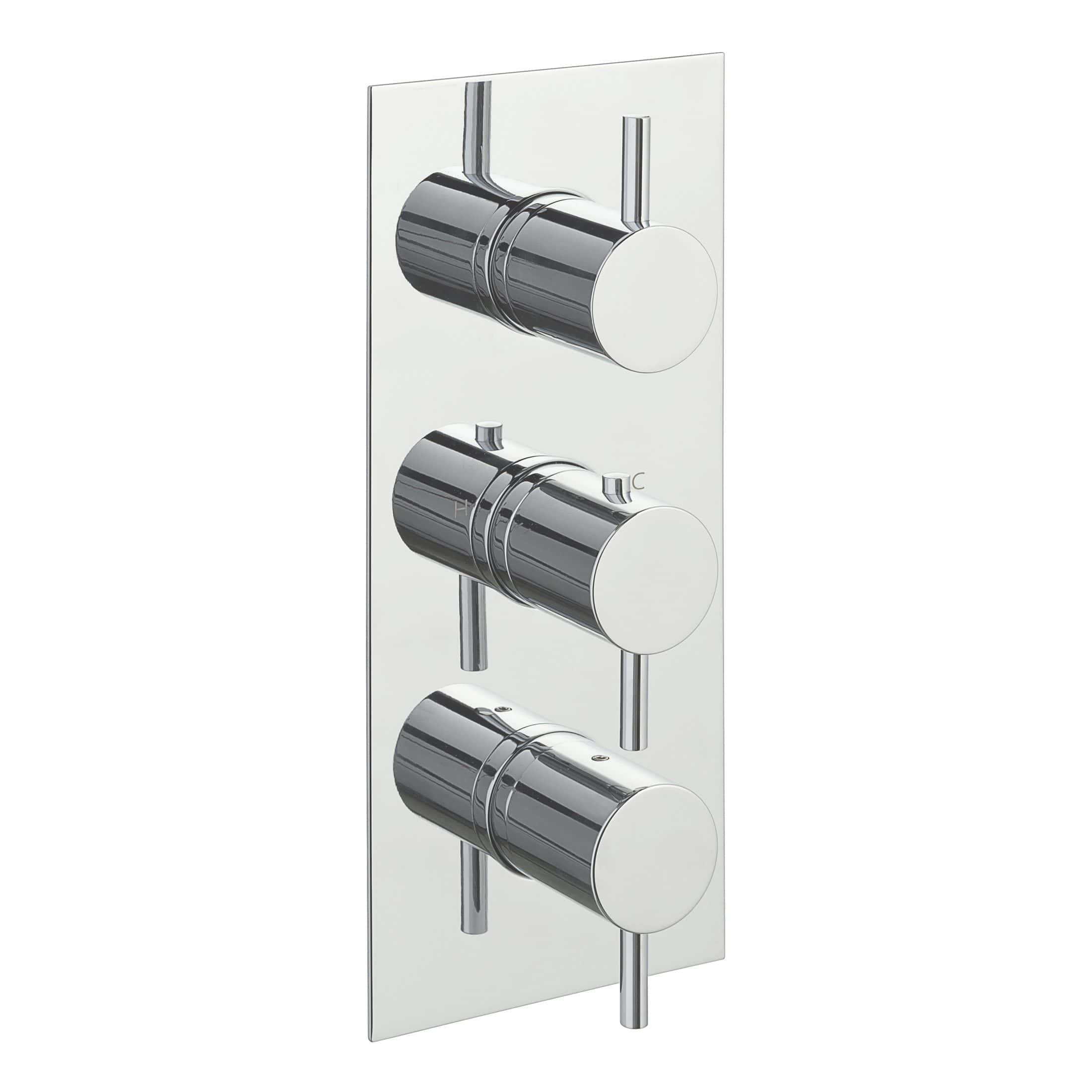 Shower valve with three chrome controls for precise temperature and flow adjustment, designed for modern bathrooms. Suitable for Bubly bathroom installations, combining style and functionality.