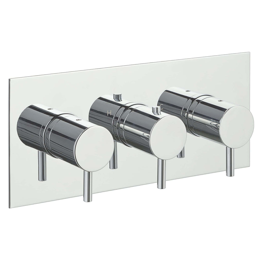 Polished chrome thermostatic shower control panel with three adjustable dials for precise temperature and water flow management. Modern bathroom fixture from Bubly Bathrooms.