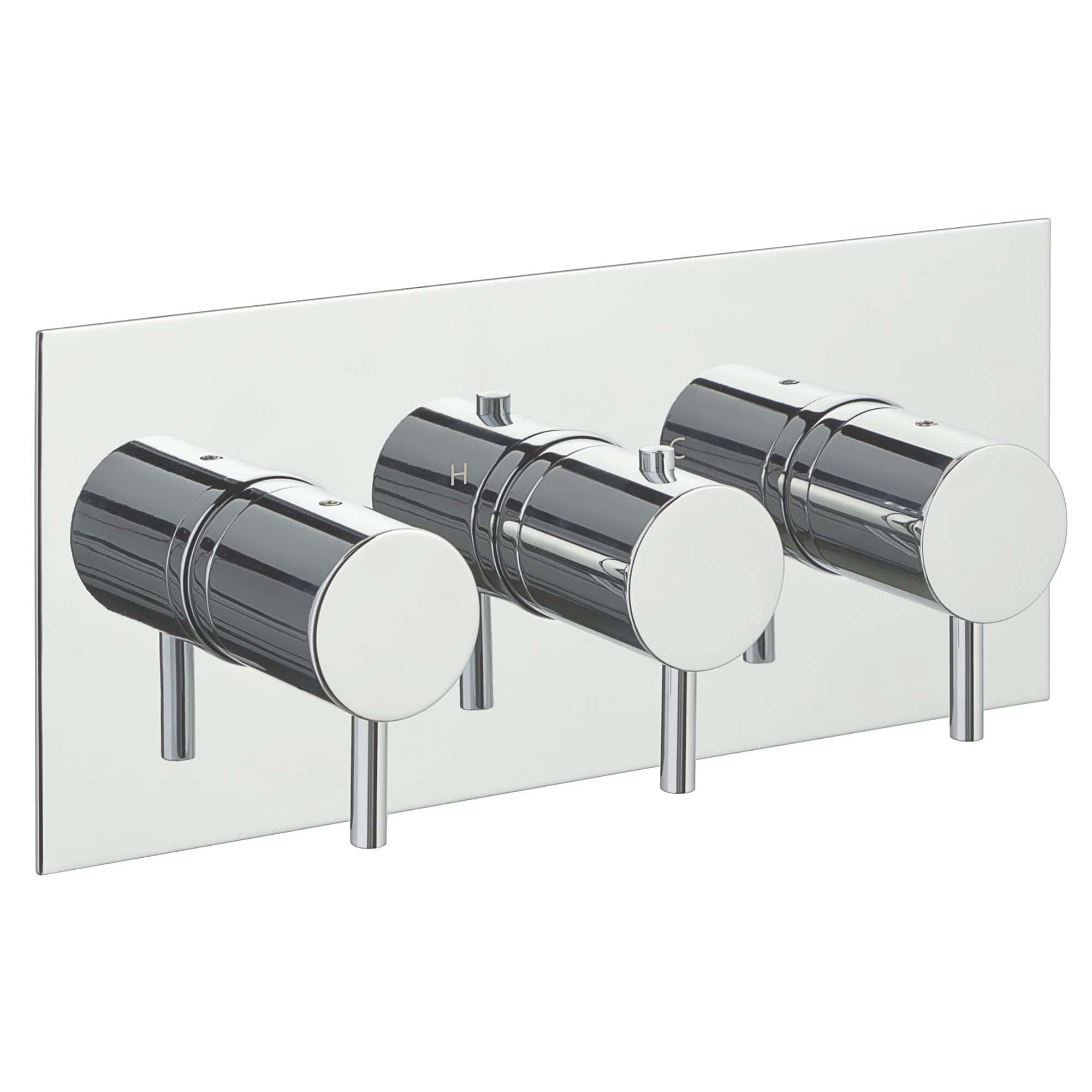 Polished chrome thermostatic shower control panel with three adjustable dials for precise temperature and water flow management. Modern bathroom fixture from Bubly Bathrooms.