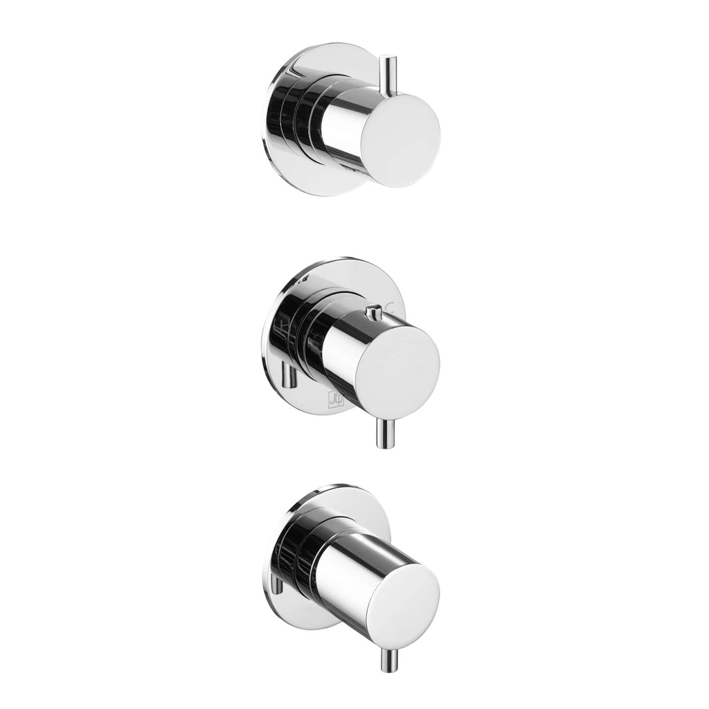 Chrome bathroom thermostatic mixer valve set with two controls, designed for modern shower and bath installations. Perfect for contemporary bathroom upgrades.