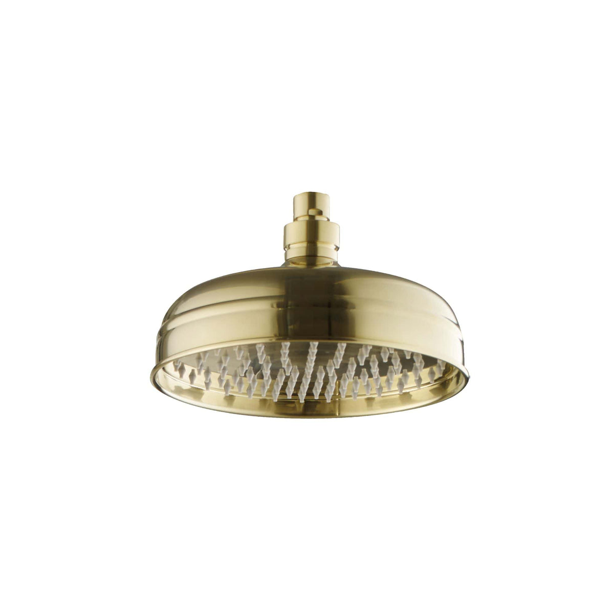 Shiny gold showerhead with ergonomic spray nozzles, modern bathroom fixture, stylish design, high-quality brass construction, ideal for contemporary bathroom renovations.