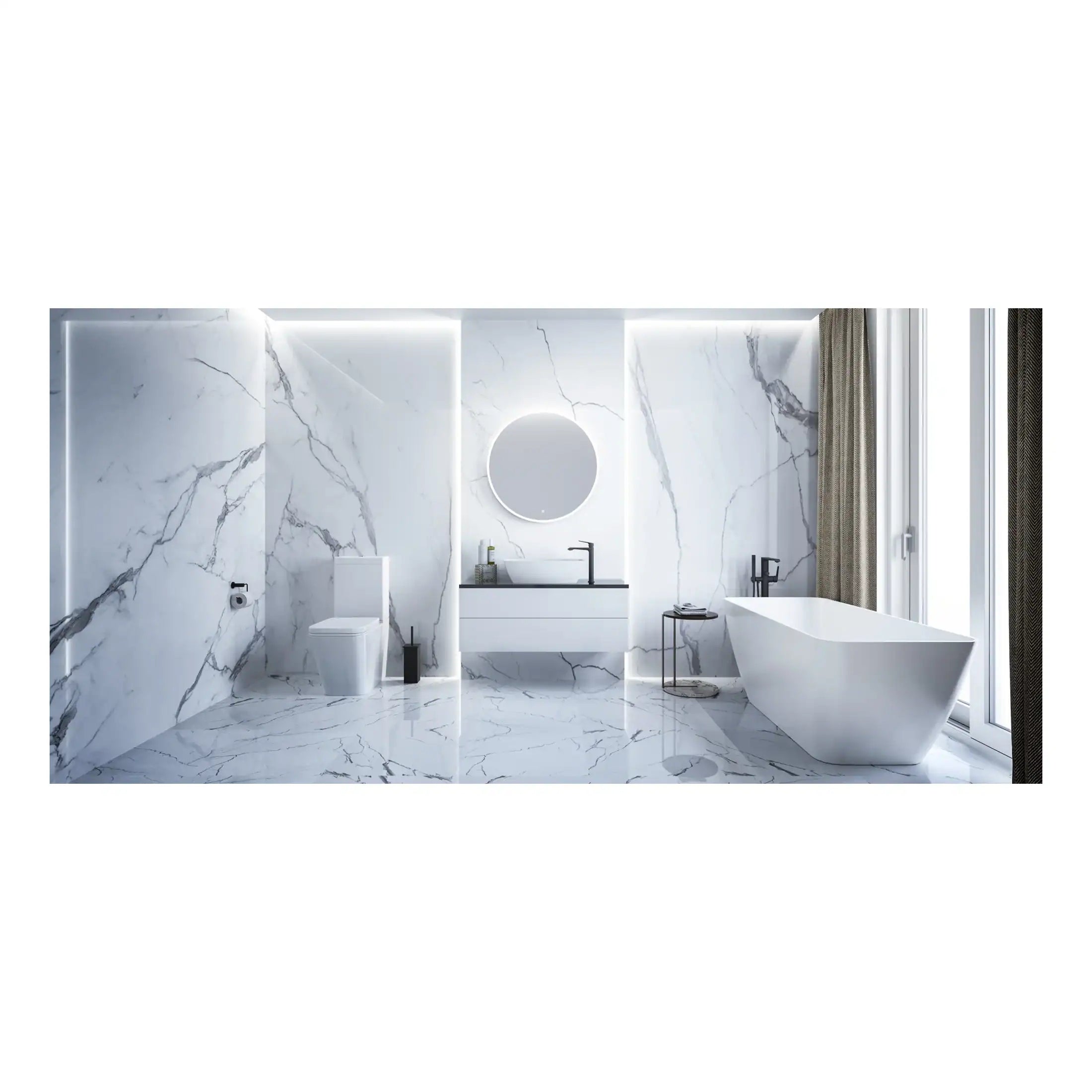 Sleek modern bathroom with white marble walls and floor, featuring a contemporary freestanding bathtub, wall-mounted toilet, and minimalist vanity with round mirror, illuminated by natural light and soft LED lighting.