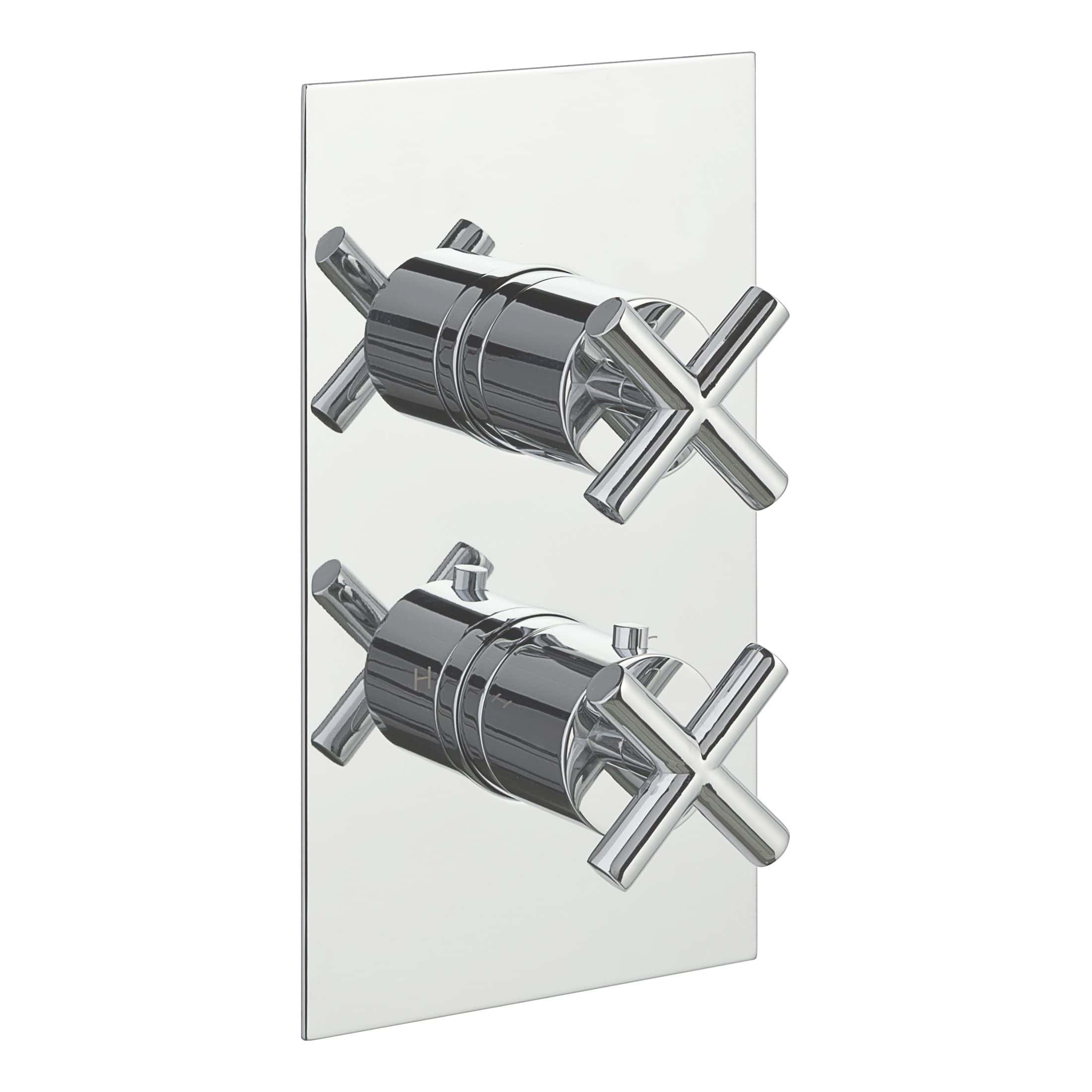 Polished chrome dual shower mixer valve with modern cross handles on a reflective wall plate, suitable for contemporary bathroom plumbing and shower installations.