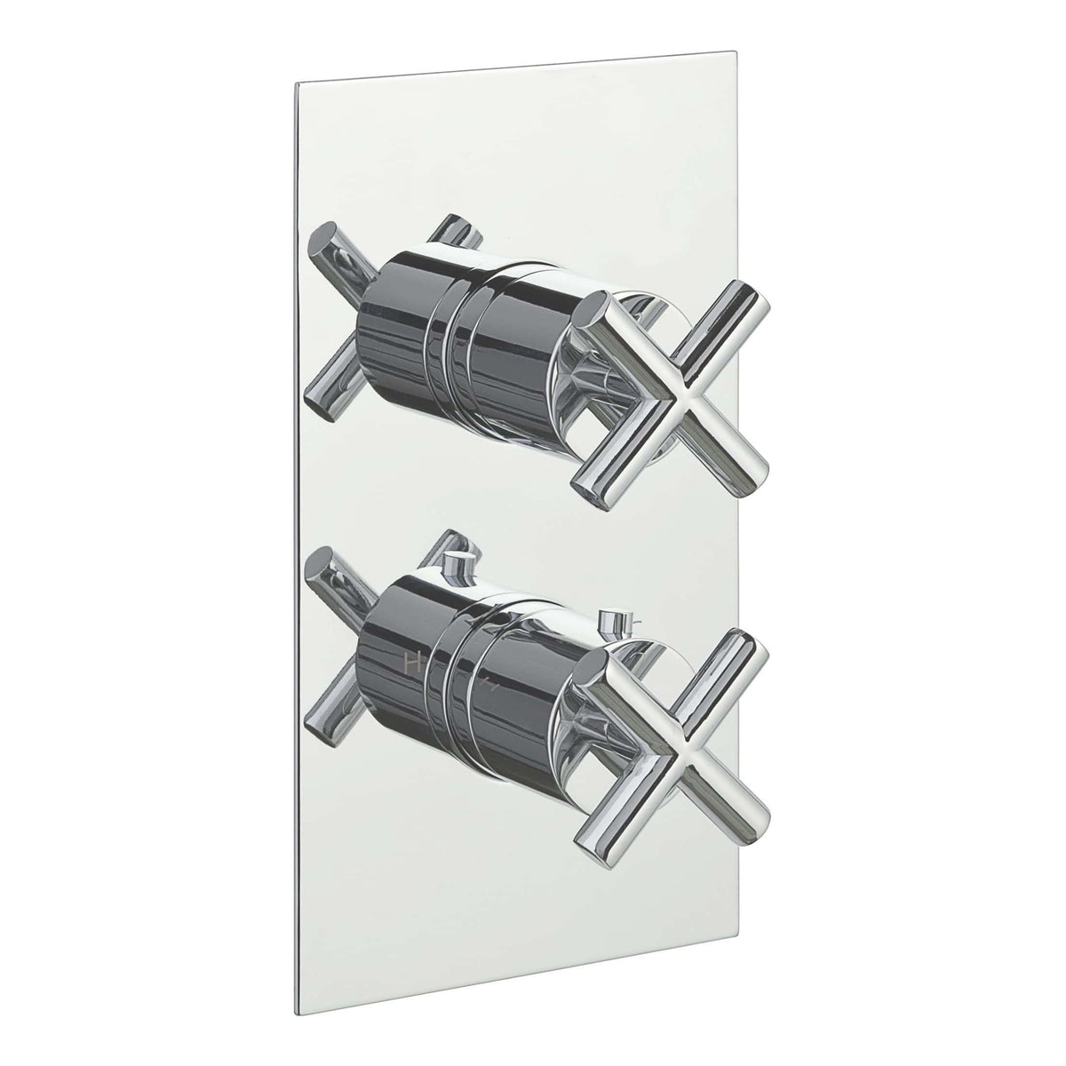 Polished chrome dual shower mixer valve with modern cross handles on a reflective wall plate, suitable for contemporary bathroom plumbing and shower installations.