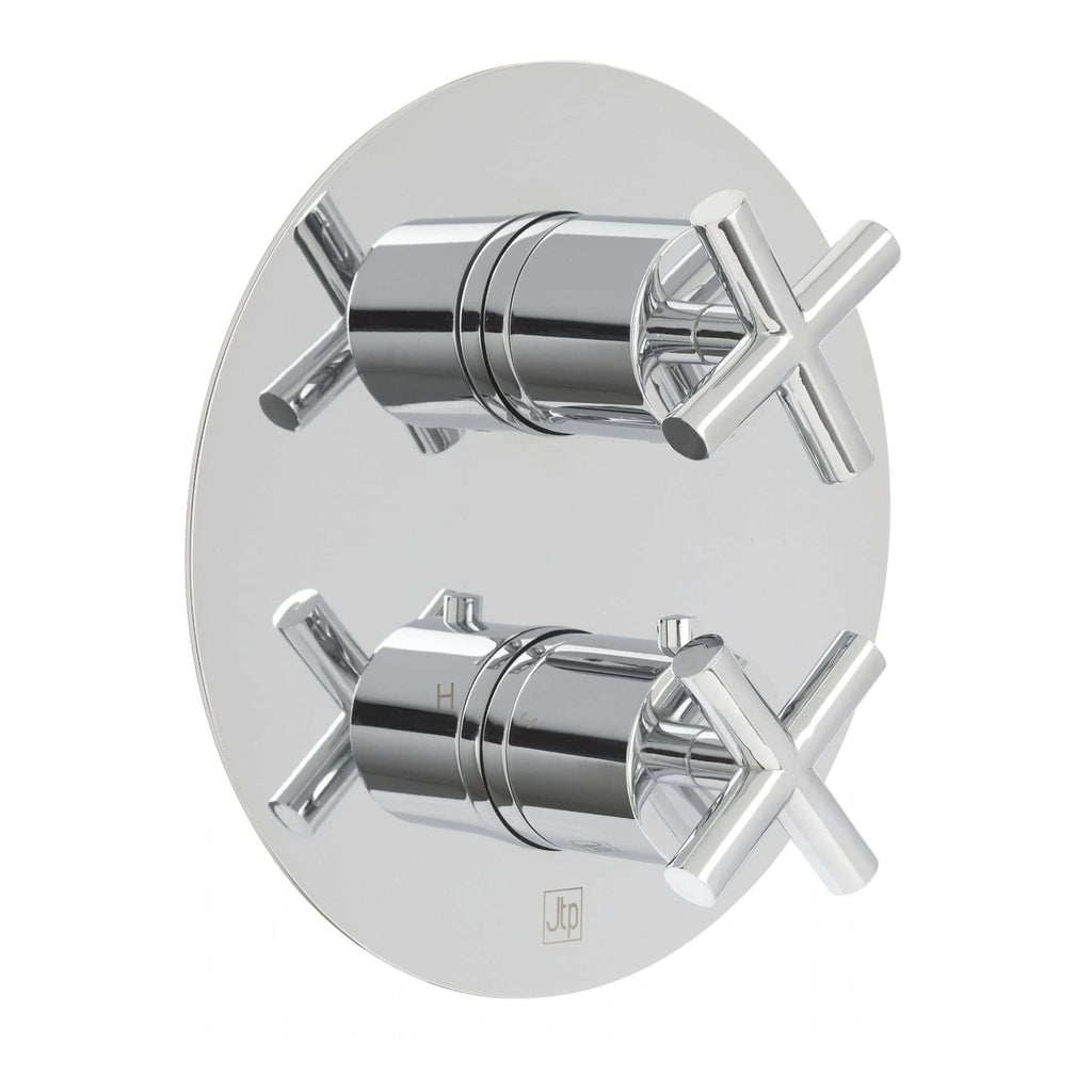 Sleek modern chrome bathroom shower valve with dual controls, ideal for luxury bathrooms, featuring durable and stylish design from Bubly Bathrooms.