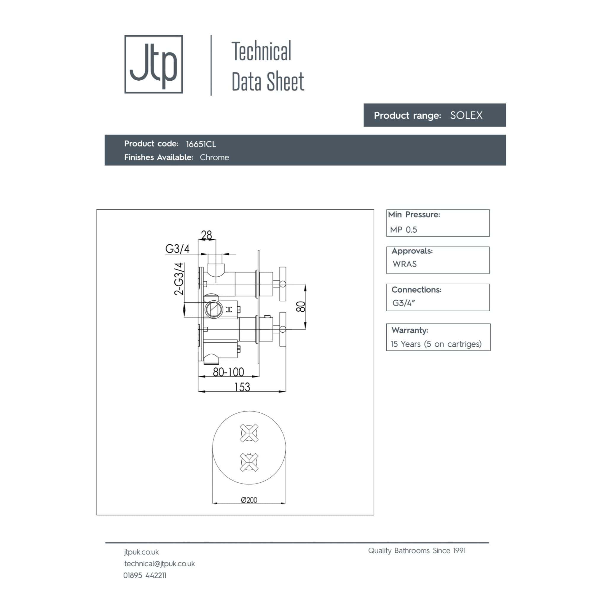 High-quality bathroom fixture technical data sheet for Bubly Bathrooms, showcasing chrome finish, G3/4 connections, and precise measurements for plumbing installation.