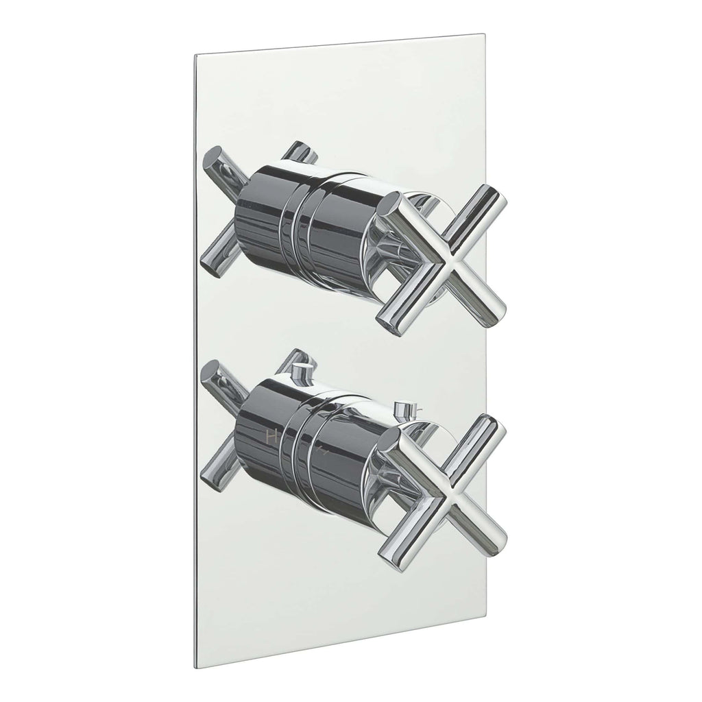 Shower control valve with dual chrome taps and a modern wall-mounted design, ideal for bathroom renovation and plumbing upgrades.
