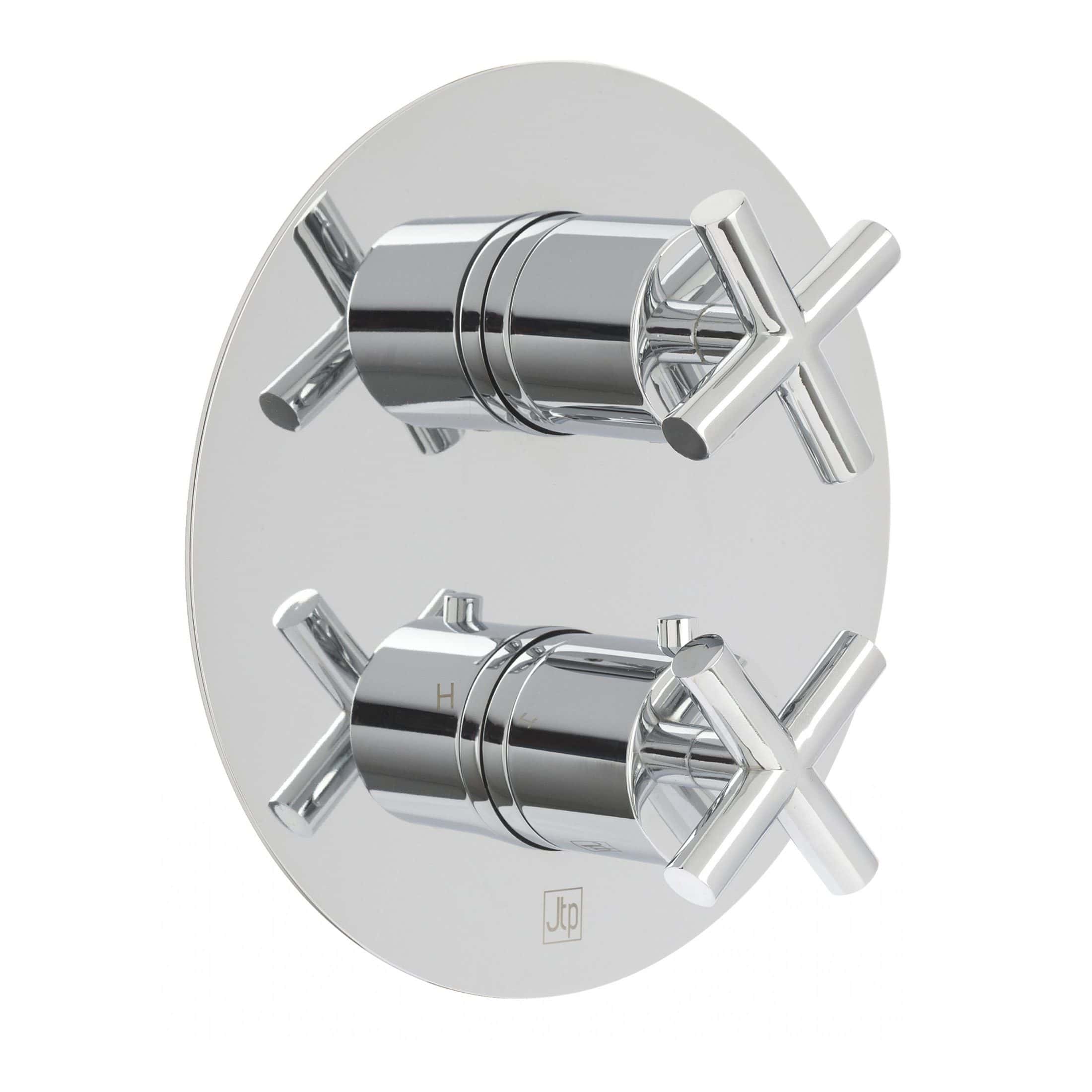 Sleek chrome bathroom shower mixer tap with dual control handles for temperature and water flow regulation. Modern design perfect for contemporary bathroom renovations.