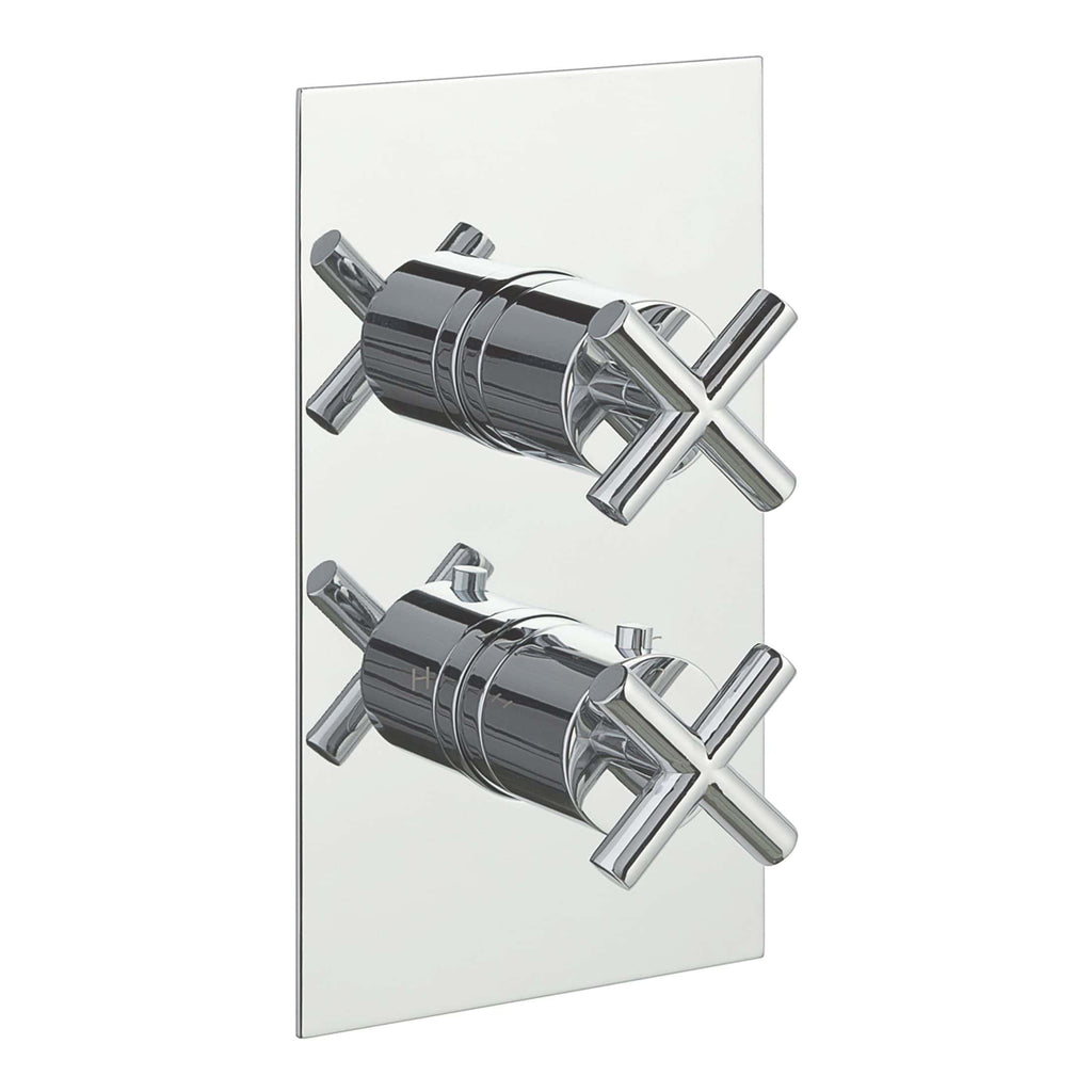 Polished chrome bathroom mixer valve with dual controls, modern design, suitable for showers and baths, easy to install, durable plumbing fixture, high-quality bathroom accessories.