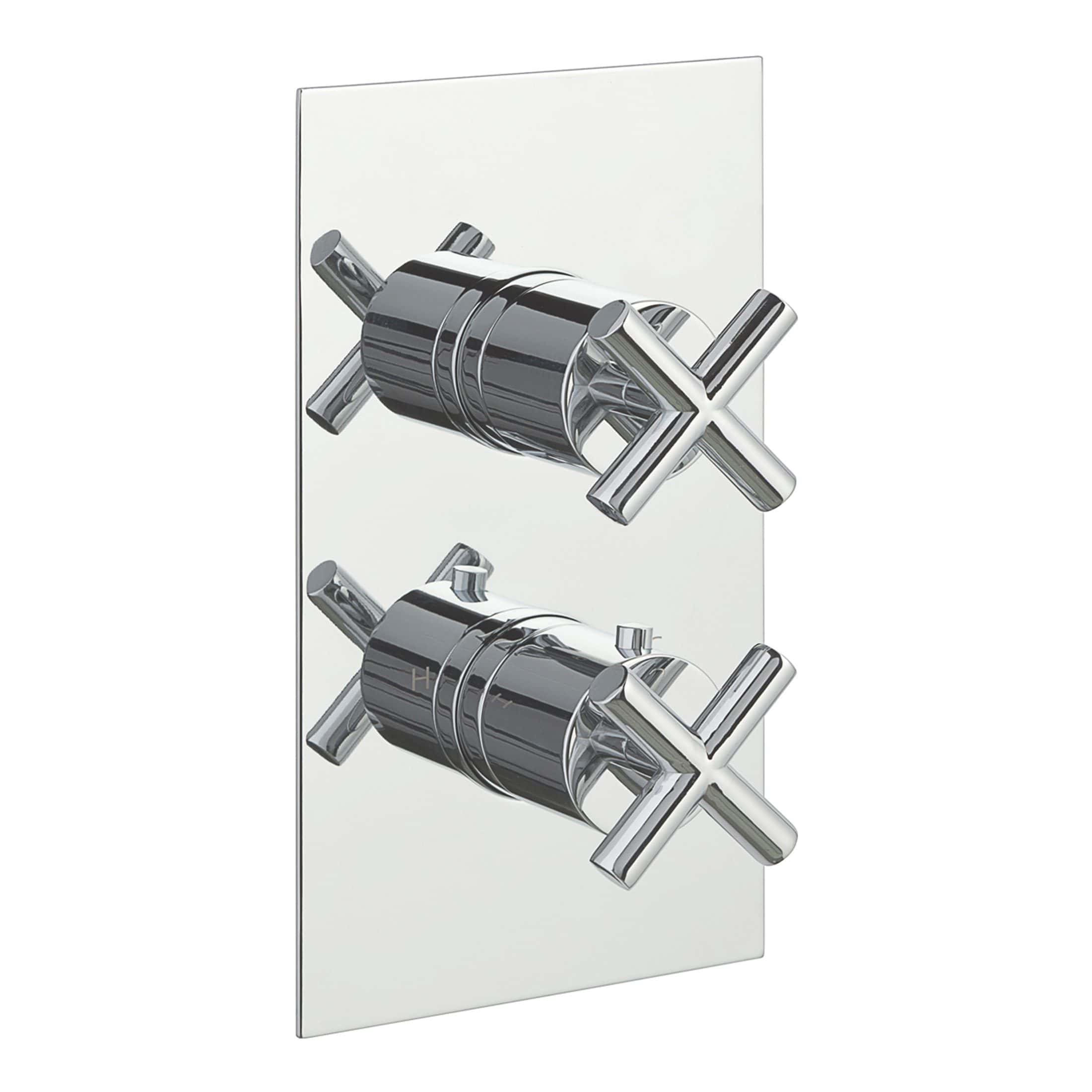 Polished chrome bathroom mixer valve with dual controls, modern design, suitable for showers and baths, easy to install, durable plumbing fixture, high-quality bathroom accessories.