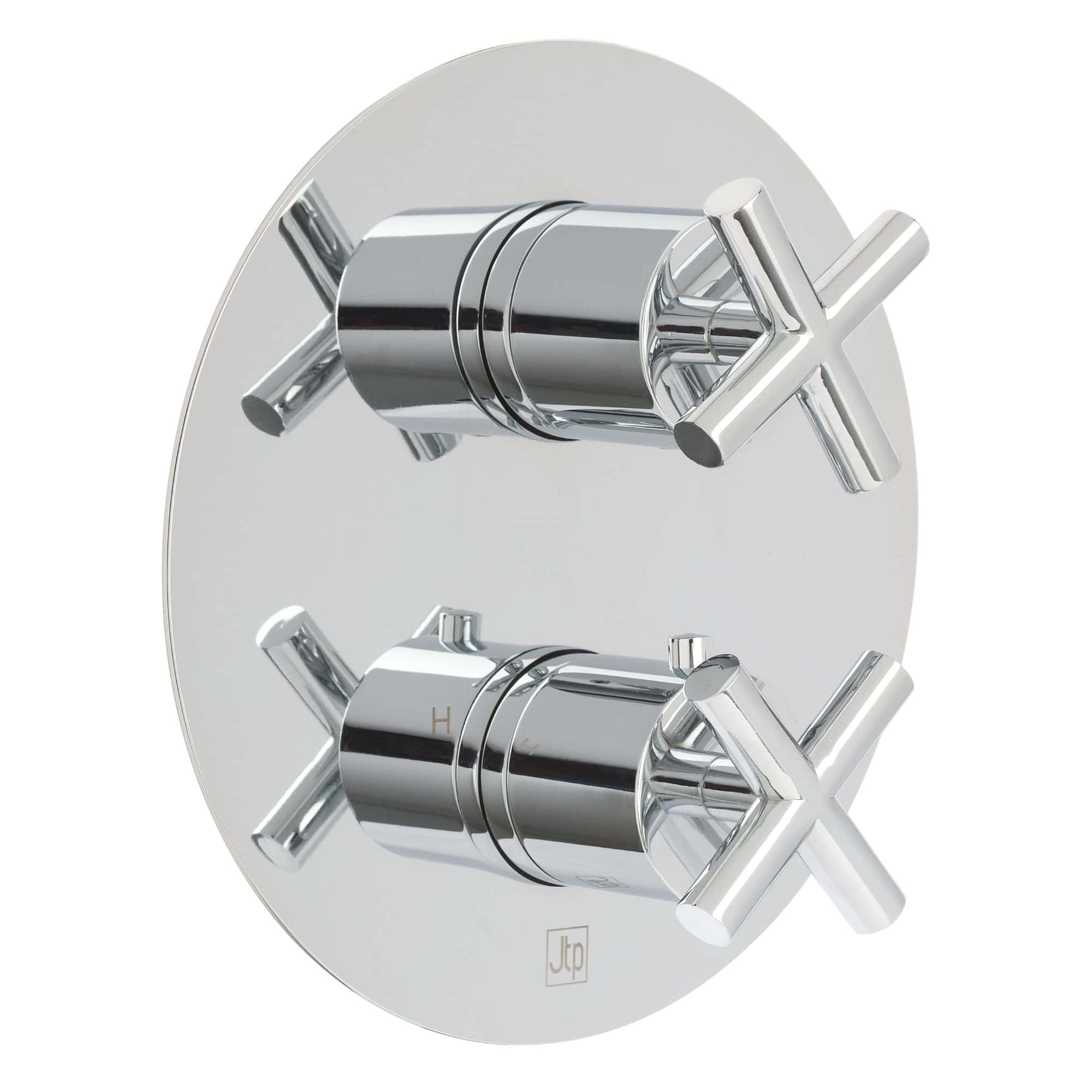 Sleek chrome thermostatic shower control with dual cross handles for precise temperature and flow adjustment, modern bathroom fixtures.